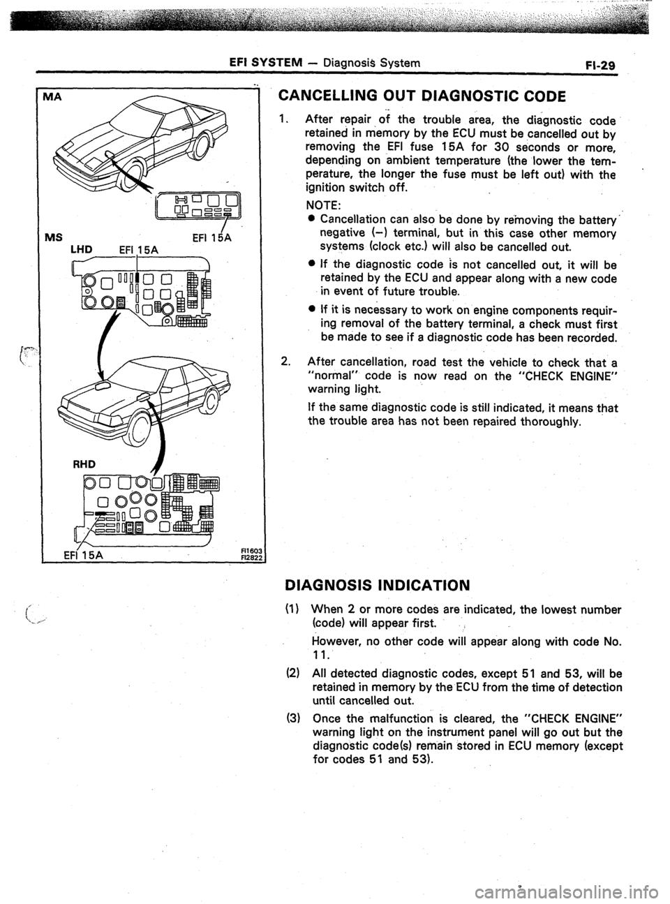 TOYOTA CELICA 1987  Service Repair Manual EFI SYSTEM - Diagnosis System FI-29 
MS EFI 15iA 
LHD 
EFI 15A 
EFI 15A 
R16C 
FI26: 
CANCELLING OUT DIAGNOSTIC CODE 
1. 
2. After repair of the trouble area, the diagnostic code 
retained in memory b