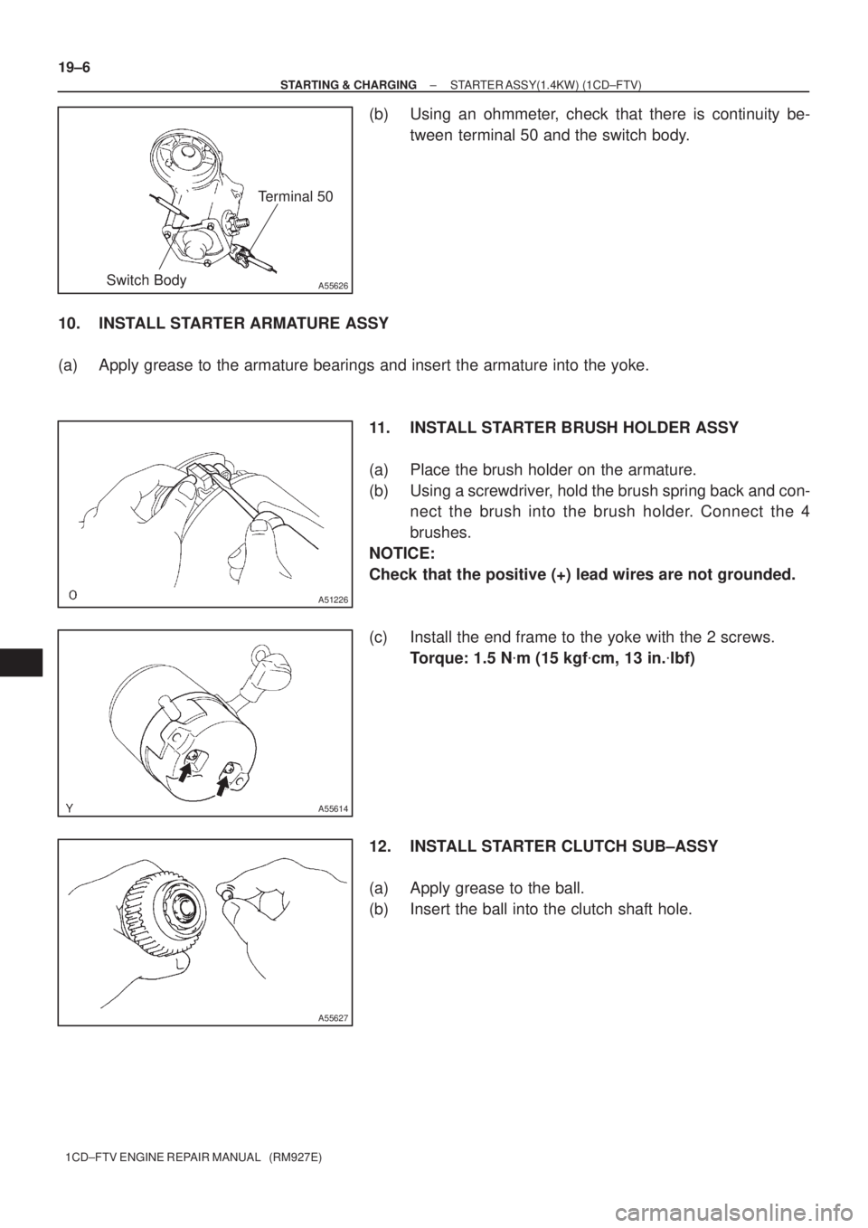 TOYOTA COROLLA VERSO 2004  Service Repair Manual A55626
Terminal 50
Switch Body
A51226
A55614
A55627
19±6
± STARTING & CHARGINGSTARTER ASSY(1.4KW) (1CD±FTV)
1CD±FTV ENGINE REPAIR MANUAL   (RM927E)
(b) Using an ohmmeter, check that there is conti