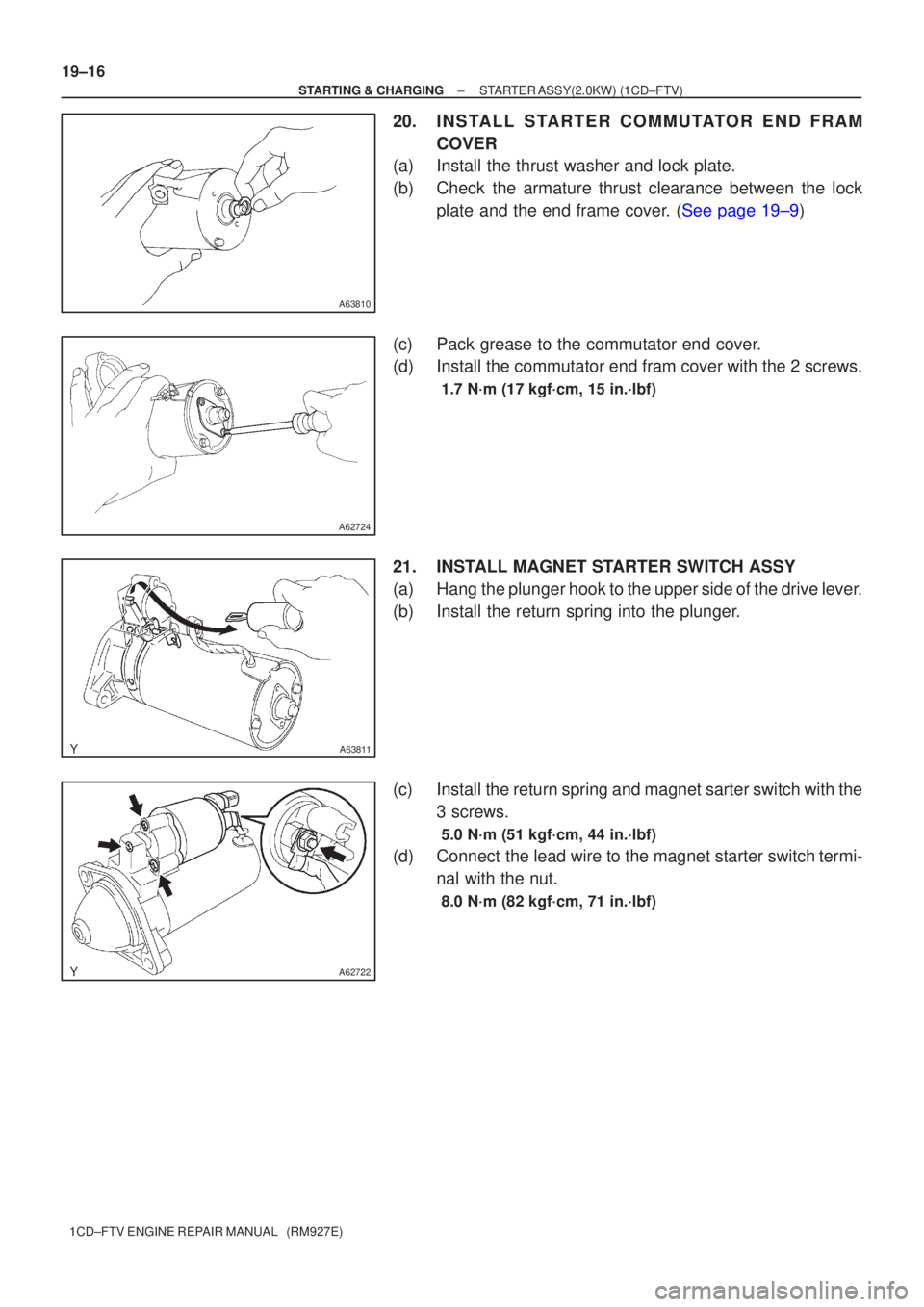 TOYOTA COROLLA VERSO 2004  Service Repair Manual A63810
A62724
A63811
A62722
19±16
±
STARTING & CHARGING STARTER ASSY(2.0KW) (1CD±FTV)
1CD±FTV ENGINE REPAIR MANUAL   (RM927E)
20. I N S TA L L S TA R T E R C O M M U TATO R E N D F R A M COVER
(a)