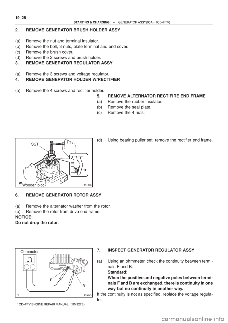 TOYOTA COROLLA VERSO 2004  Service Repair Manual SST
Wooden block
A51918
A59143
F
B
Ohmmeter 19±26
± STARTING & CHARGINGGENERATOR ASSY(90A) (1CD±FTV)
1CD±FTV ENGINE REPAIR MANUAL   (RM927E)
2. REMOVE GENERATOR BRUSH HOLDER ASSY
(a) Remove the nu