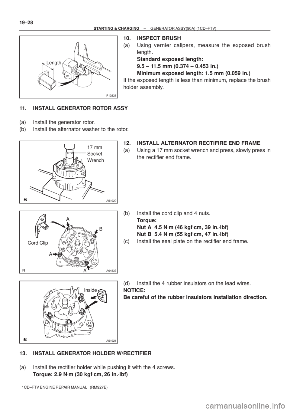 TOYOTA COROLLA VERSO 2004  Service Repair Manual Length
P13535
17 mm
Socket
Wrench
A51920
Cord ClipA
B
A A
A64533
Inside
A51921
19±28
± STARTING & CHARGINGGENERATOR ASSY(90A) (1CD±FTV)
1CD±FTV ENGINE REPAIR MANUAL   (RM927E)
10. INSPECT BRUSH
(a