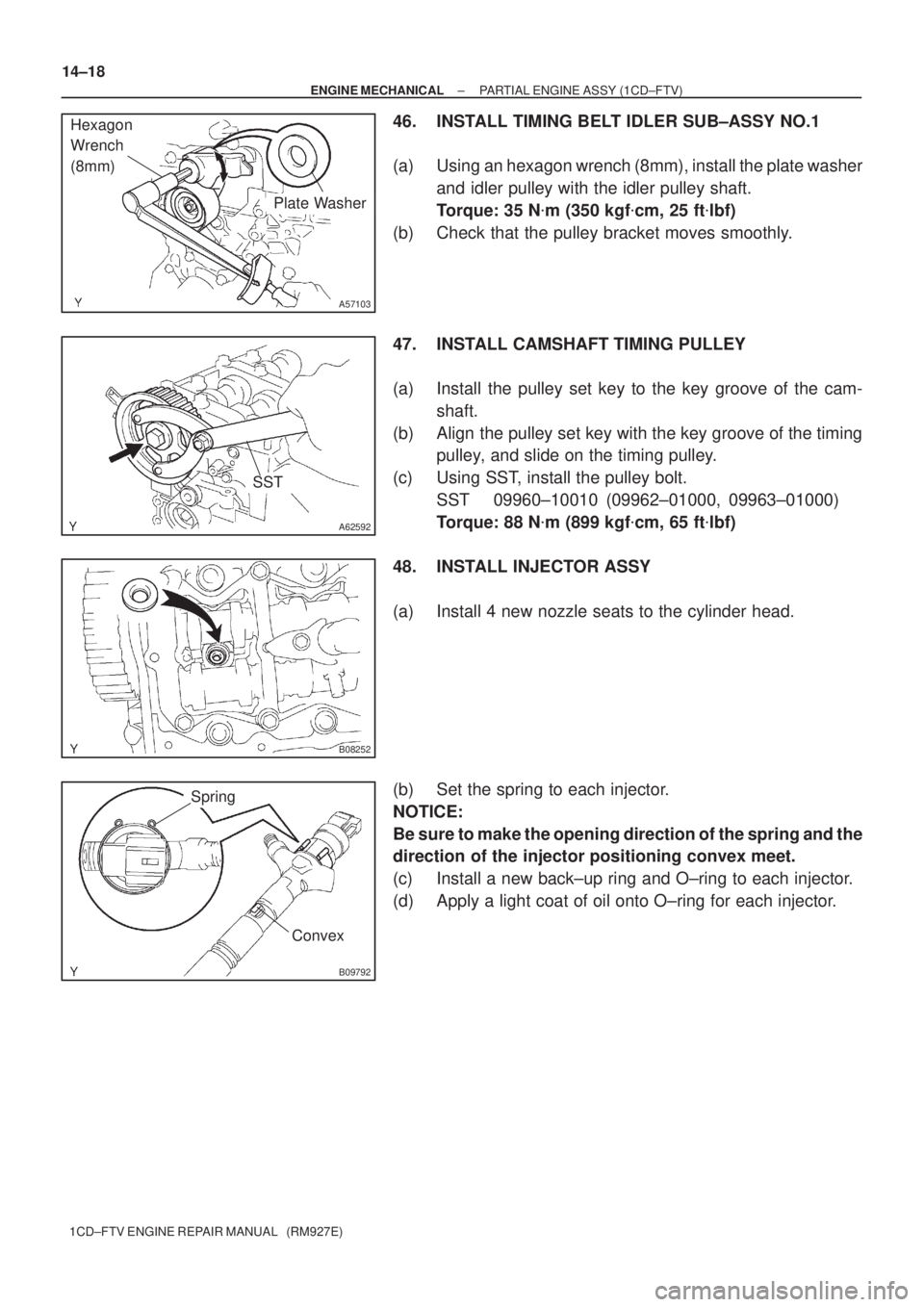 TOYOTA COROLLA VERSO 2004  Service Repair Manual A57103
Plate Washer
Hexagon 
Wrench
(8mm)
A62592
SST
B08252
B09792
Spring
Convex
14±18
± ENGINE MECHANICALPARTIAL ENGINE ASSY (1CD±FTV)
1CD±FTV ENGINE REPAIR MANUAL   (RM927E)
46. INSTALL TIMING B