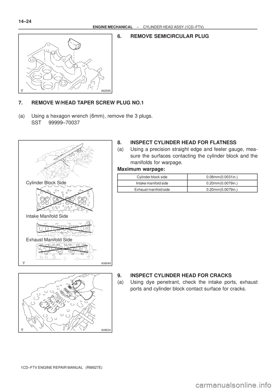 TOYOTA COROLLA VERSO 2004  Service Repair Manual A62595
A56049
Cylinder Block Side
Intake Manifold Side
Exhaust Manifold Side
A09534
14±24
± ENGINE MECHANICALCYLINDER HEAD ASSY (1CD±FTV)
1CD±FTV ENGINE REPAIR MANUAL   (RM927E)
6. REMOVE SEMICIRC