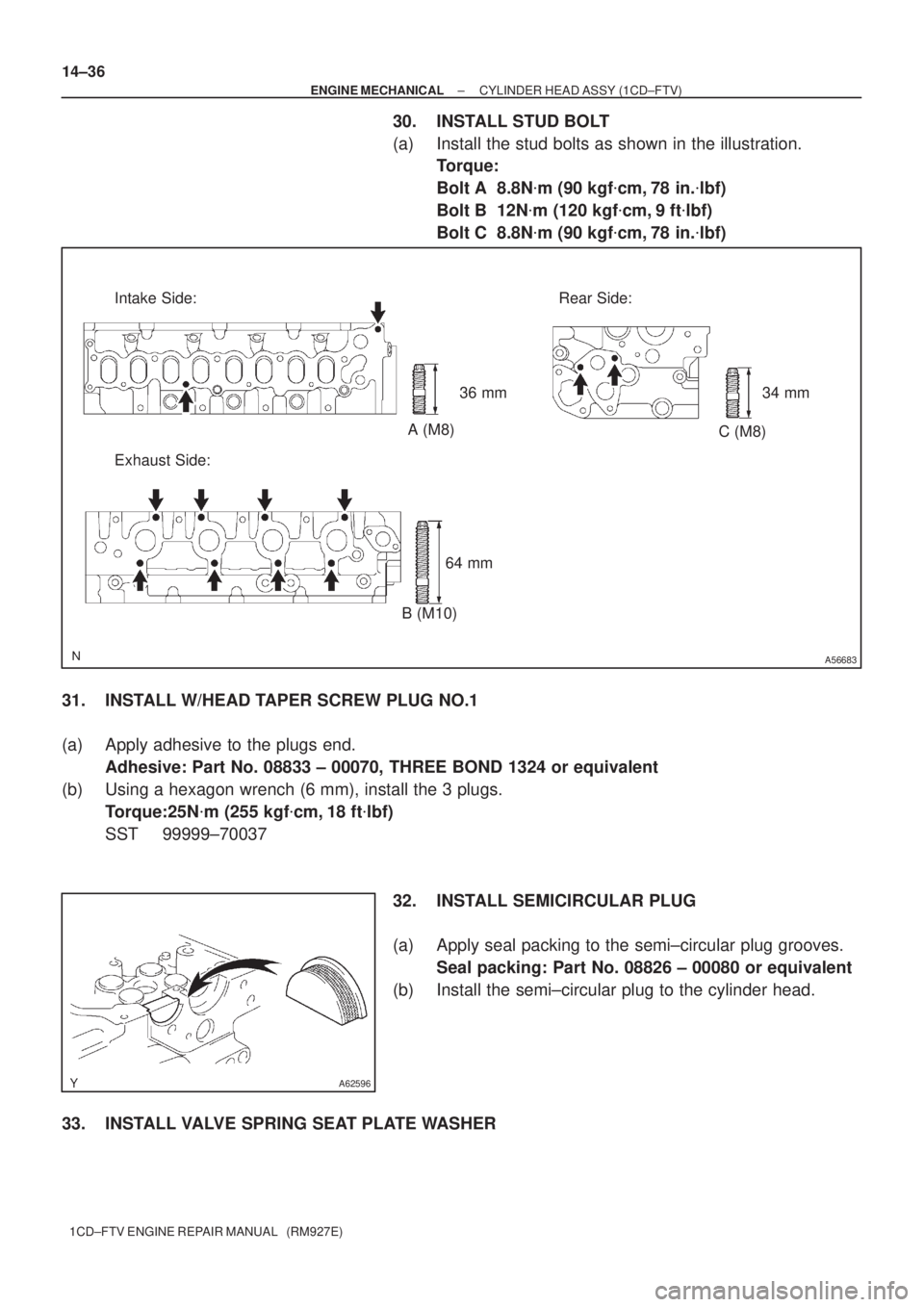 TOYOTA COROLLA VERSO 2004  Service Repair Manual A56683
Intake Side: Rear Side:
Exhaust Side:A (M8)
B (M10)C (M8) 36 mm
64 mm34 mm
A62596
14±36
± ENGINE MECHANICALCYLINDER HEAD ASSY (1CD±FTV)
1CD±FTV ENGINE REPAIR MANUAL   (RM927E)
30. INSTALL S