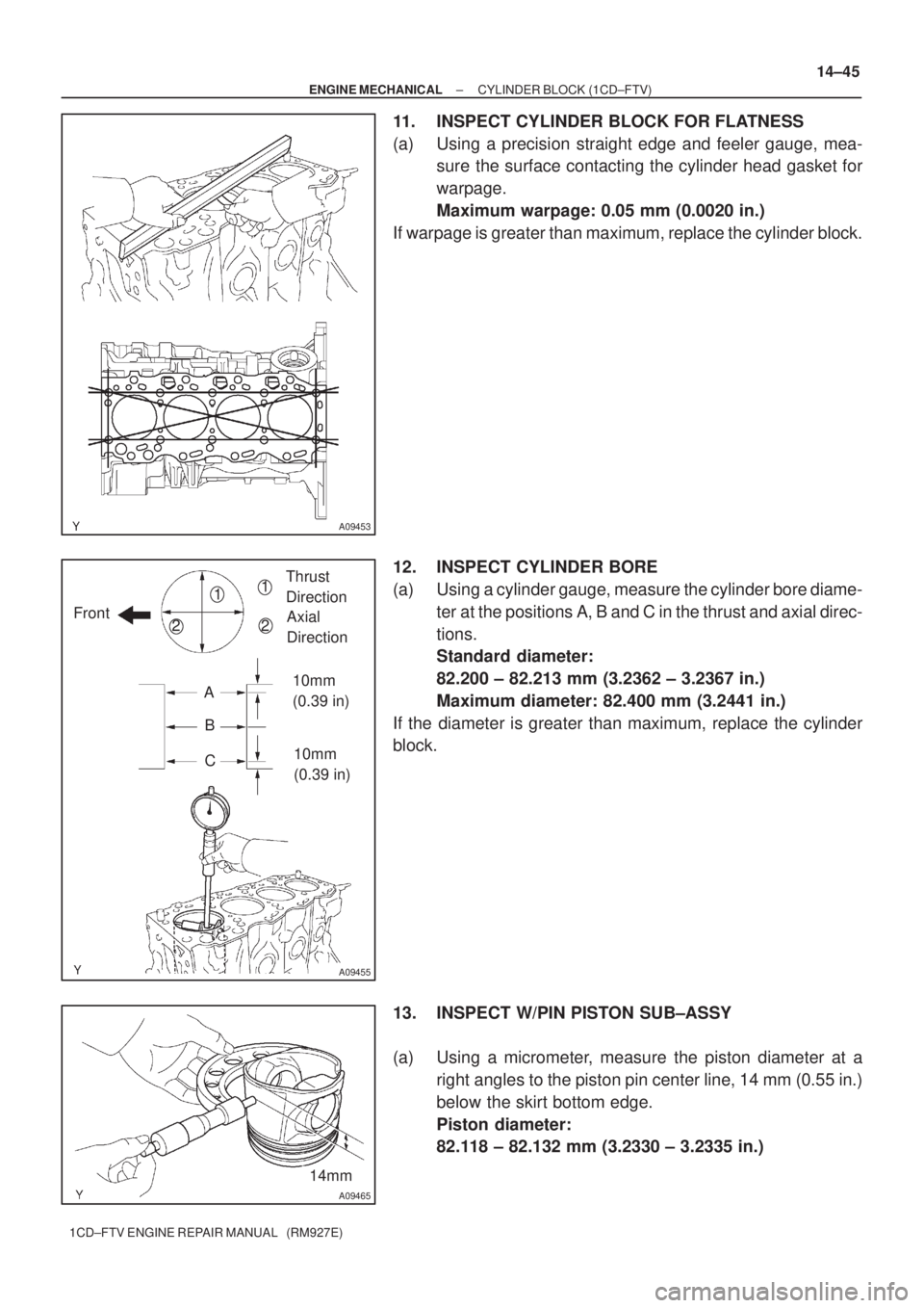 TOYOTA COROLLA VERSO 2004  Service Repair Manual A09453
10mm
(0.39 in)
10mm
(0.39 in)
A09455
1
2 Front
Thrust 
Direction
Axial 
Direction1
2
A
B
C
14mm
A09465
± ENGINE MECHANICALCYLINDER BLOCK (1CD±FTV)
14±45
1CD±FTV ENGINE REPAIR MANUAL   (RM92