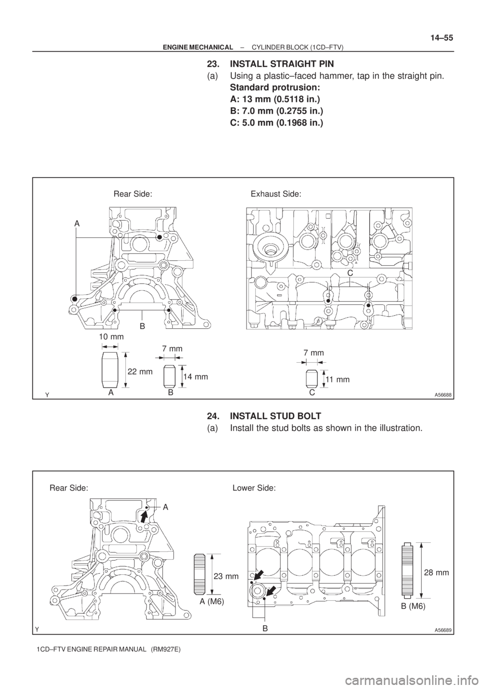 TOYOTA COROLLA VERSO 2004  Service Repair Manual A56688
10 mm
22 mm7 mm
14 mm
11  m m
ABRear Side: Exhaust Side:
7 mm
C
B
A
C
A56689
Rear Side: Lower Side:
A
B
23 mm
A (M6)
B (M6)28 mm
± ENGINE MECHANICALCYLINDER BLOCK (1CD±FTV)
14±55
1CD±FTV EN