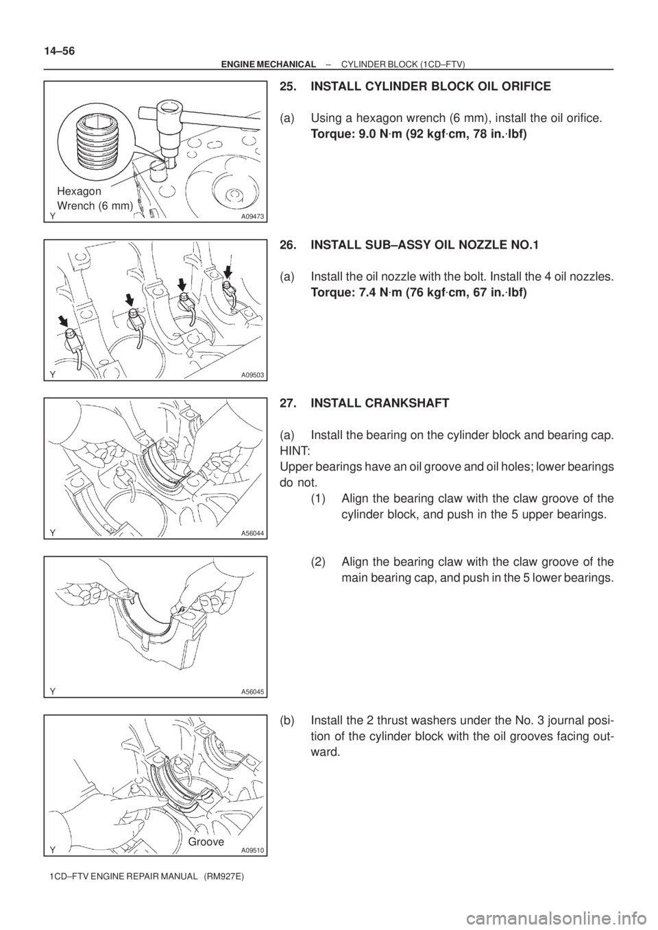 TOYOTA COROLLA VERSO 2004  Service Repair Manual A09473
Hexagon 
Wrench (6 mm)
A09503
A56044
A56045
A09510Groove
14±56
± ENGINE MECHANICALCYLINDER BLOCK (1CD±FTV)
1CD±FTV ENGINE REPAIR MANUAL   (RM927E)
25. INSTALL CYLINDER BLOCK OIL ORIFICE
(a)