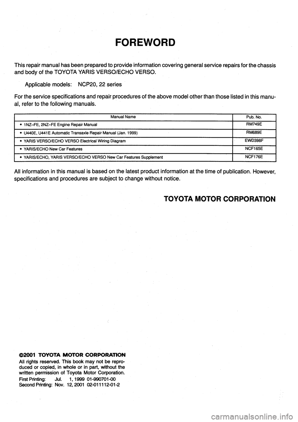 TOYOTA VERSO 1999  Repair Manual 