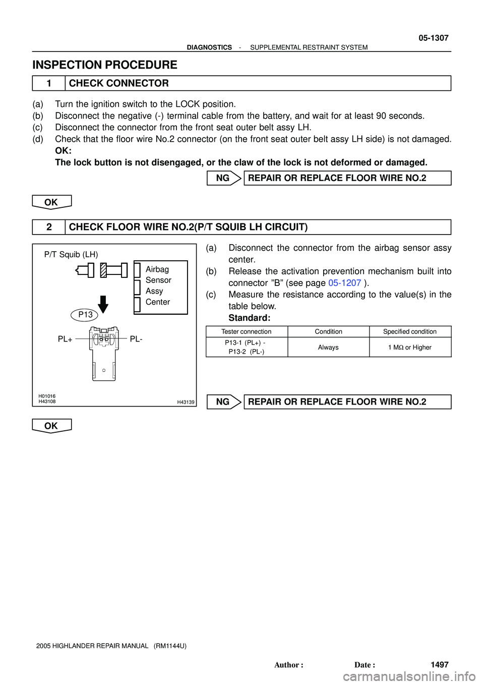 TOYOTA HIGHLANDER 2001 Service Repair Manual H01016H43108H43139
P/T Squib (LH)
PL- PL+Airbag
Sensor
Assy
Center
P13
- DIAGNOSTICSSUPPLEMENTAL RESTRAINT SYSTEM
05-1307
1497 Author: Date:
2005 HIGHLANDER REPAIR MANUAL (RM1144U)
INSPECTION PRO TOYOTA HIGHLANDER 2001 Service Repair Manual H01016H43108H43139
P/T Squib (LH)
PL- PL+Airbag
Sensor
Assy
Center
P13
- DIAGNOSTICSSUPPLEMENTAL RESTRAINT SYSTEM
05-1307
1497 Author: Date:
2005 HIGHLANDER REPAIR MANUAL (RM1144U)
INSPECTION PRO