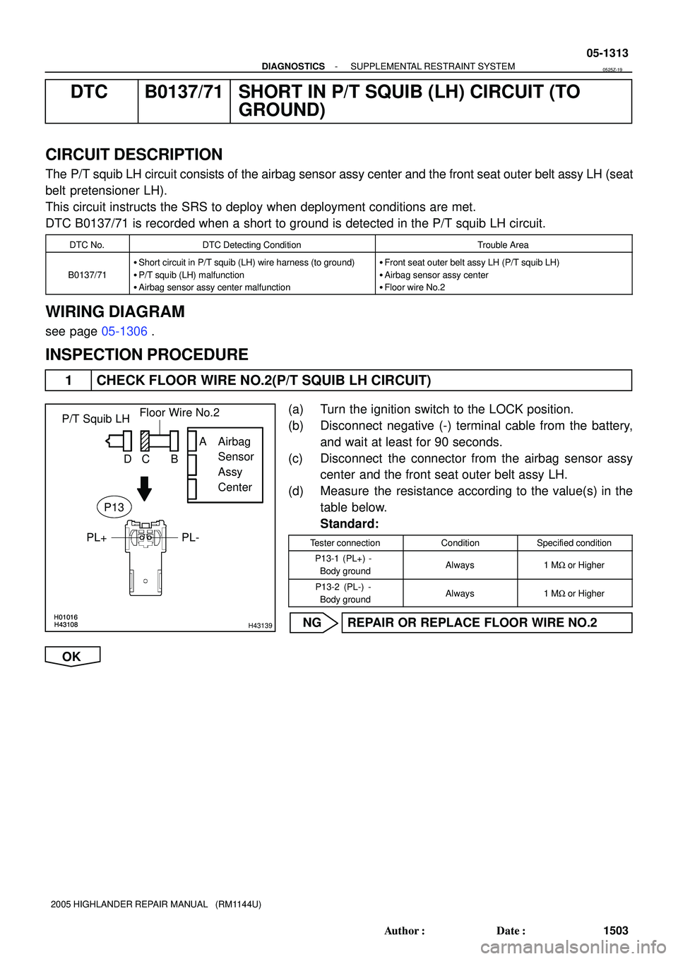 TOYOTA HIGHLANDER 2001 Service Repair Manual H01016H43108H01016H43108H43139
P/T Squib LH
PL- PL+Airbag
Sensor
Assy
CenterFloor Wire No.2
A
B C D
P13
- DIAGNOSTICSSUPPLEMENTAL RESTRAINT SYSTEM
05-1313
1503 Author: Date:
2005 HIGHLANDER REPAIR TOYOTA HIGHLANDER 2001 Service Repair Manual H01016H43108H01016H43108H43139
P/T Squib LH
PL- PL+Airbag
Sensor
Assy
CenterFloor Wire No.2
A
B C D
P13
- DIAGNOSTICSSUPPLEMENTAL RESTRAINT SYSTEM
05-1313
1503 Author: Date:
2005 HIGHLANDER REPAIR