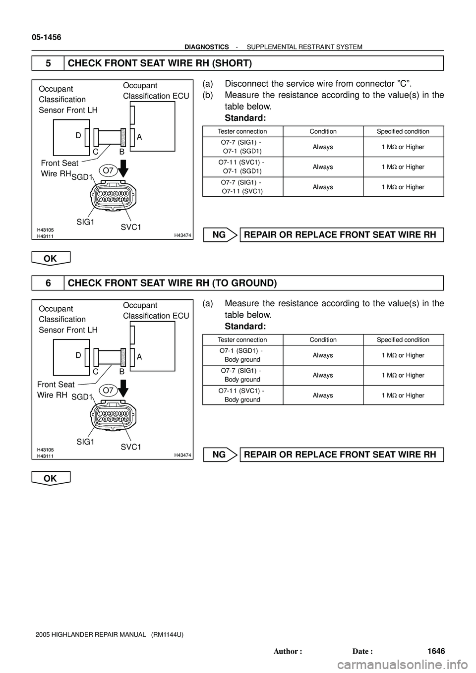 TOYOTA HIGHLANDER 2001  Service Repair Manual H43111H43105H43111H43105H43474
SGD1 Front Seat
Wire RHOccupant
Classification ECU
CB D
A
SIG1
SVC1 Occupant
Classification 
Sensor Front LH
O7
H43111H43105H43111H43105H43474
SGD1 Front Seat
Wire RHOcc