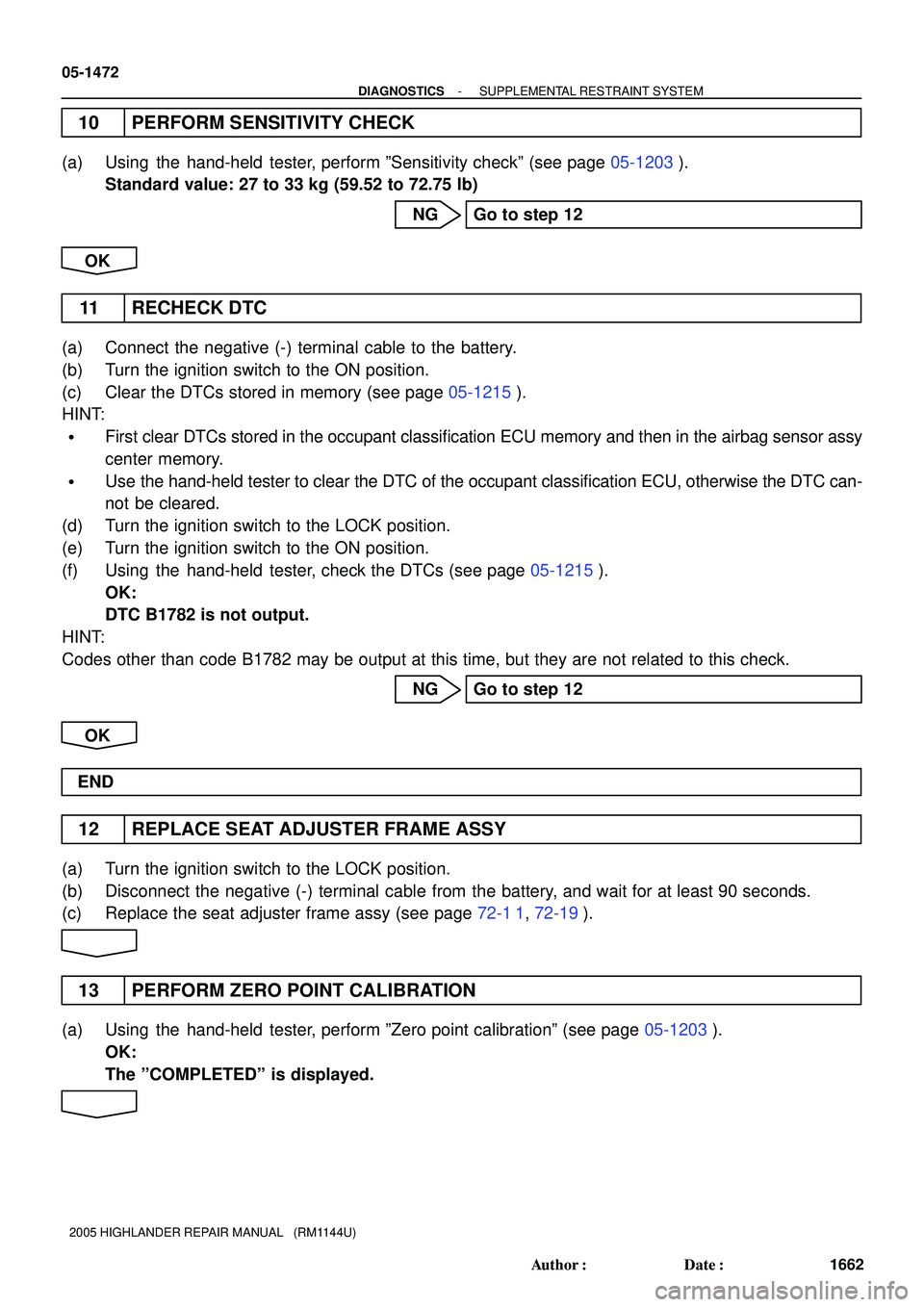 TOYOTA HIGHLANDER 2001 Service Repair Manual 05-1472
- DIAGNOSTICSSUPPLEMENTAL RESTRAINT SYSTEM
1662 Author: Date:
2005 HIGHLANDER REPAIR MANUAL (RM1144U)
10 PERFORM SENSITIVITY CHECK
(a) Using the hand-held tester, perform ºSensitivity TOYOTA HIGHLANDER 2001 Service Repair Manual 05-1472
- DIAGNOSTICSSUPPLEMENTAL RESTRAINT SYSTEM
1662 Author: Date:
2005 HIGHLANDER REPAIR MANUAL (RM1144U)
10 PERFORM SENSITIVITY CHECK
(a) Using the hand-held tester, perform ºSensitivity