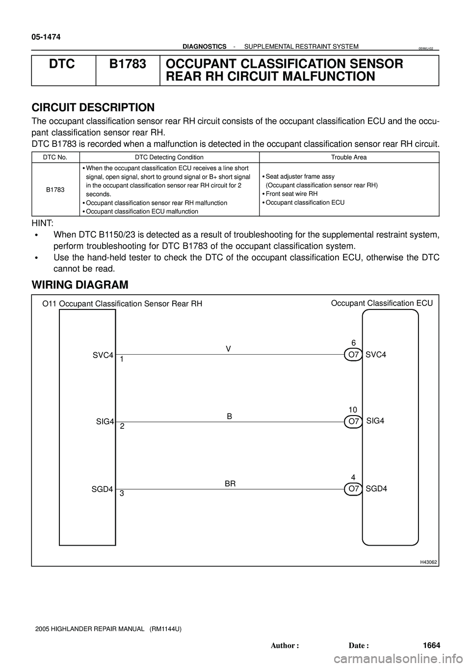TOYOTA HIGHLANDER 2001 Service Repair Manual H43062
O11 Occupant Classification Sensor Rear RH
1
2
3V
B
BR6
10
4SVC4
SIG4
SGD4 Occupant Classification ECU
O7 O7 O7
SVC4
SIG4
SGD4 05-1474
- DIAGNOSTICSSUPPLEMENTAL RESTRAINT SYSTEM
1664 Author: D TOYOTA HIGHLANDER 2001 Service Repair Manual H43062
O11 Occupant Classification Sensor Rear RH
1
2
3V
B
BR6
10
4SVC4
SIG4
SGD4 Occupant Classification ECU
O7 O7 O7
SVC4
SIG4
SGD4 05-1474
- DIAGNOSTICSSUPPLEMENTAL RESTRAINT SYSTEM
1664 Author: D