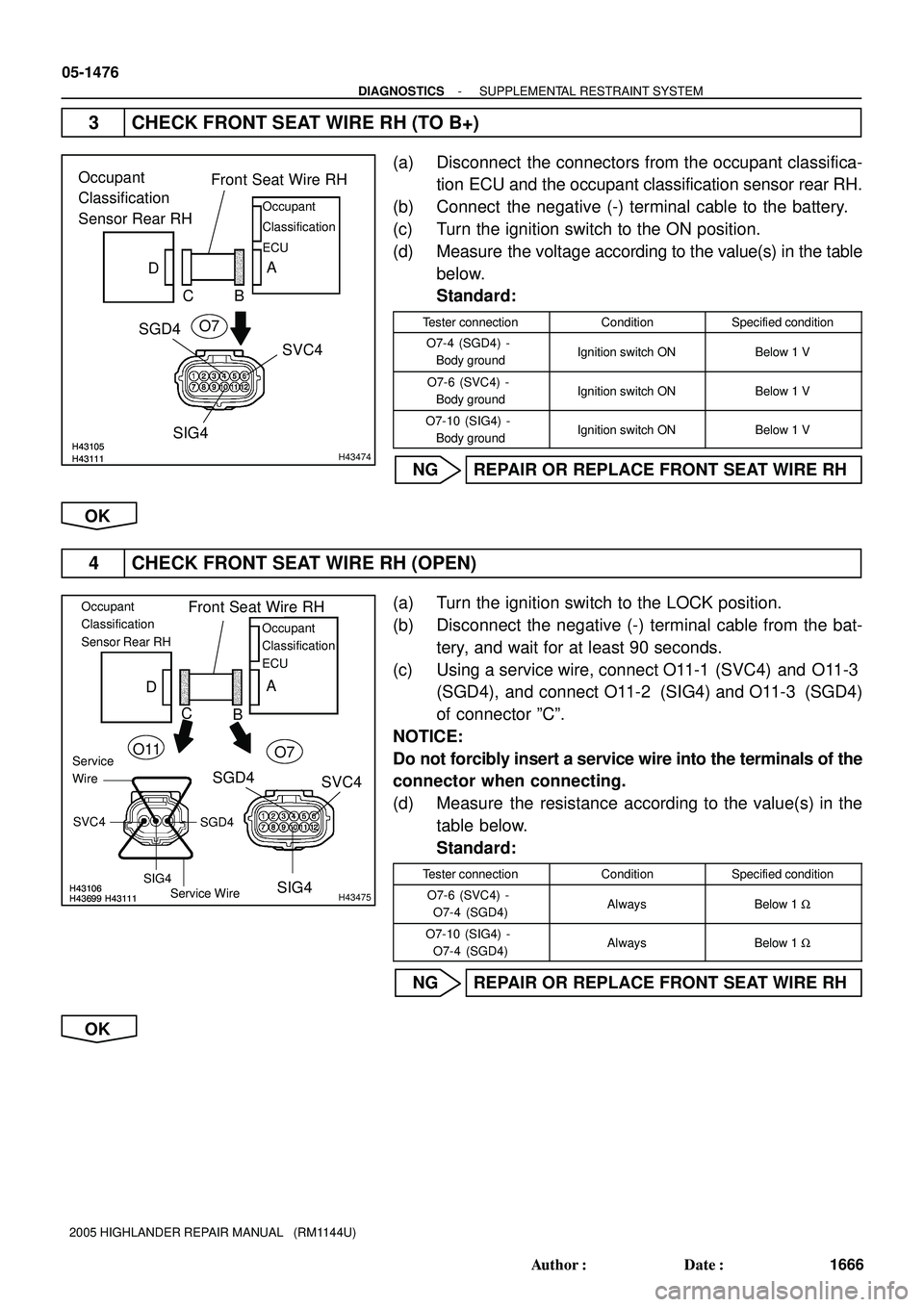 TOYOTA HIGHLANDER 2001 Service Repair Manual H43111H43105H43111H43105H43474
SGD4Front Seat Wire RH
CB DA
SIG4SVC4 Occupant
Classification
Sensor Rear RH
Occupant
Classification
ECU
O7
H43111H43106H43699H43111H43106H43699
B
H43475
Front Seat Wir TOYOTA HIGHLANDER 2001 Service Repair Manual H43111H43105H43111H43105H43474
SGD4Front Seat Wire RH
CB DA
SIG4SVC4 Occupant
Classification
Sensor Rear RH
Occupant
Classification
ECU
O7
H43111H43106H43699H43111H43106H43699
B
H43475
Front Seat Wir