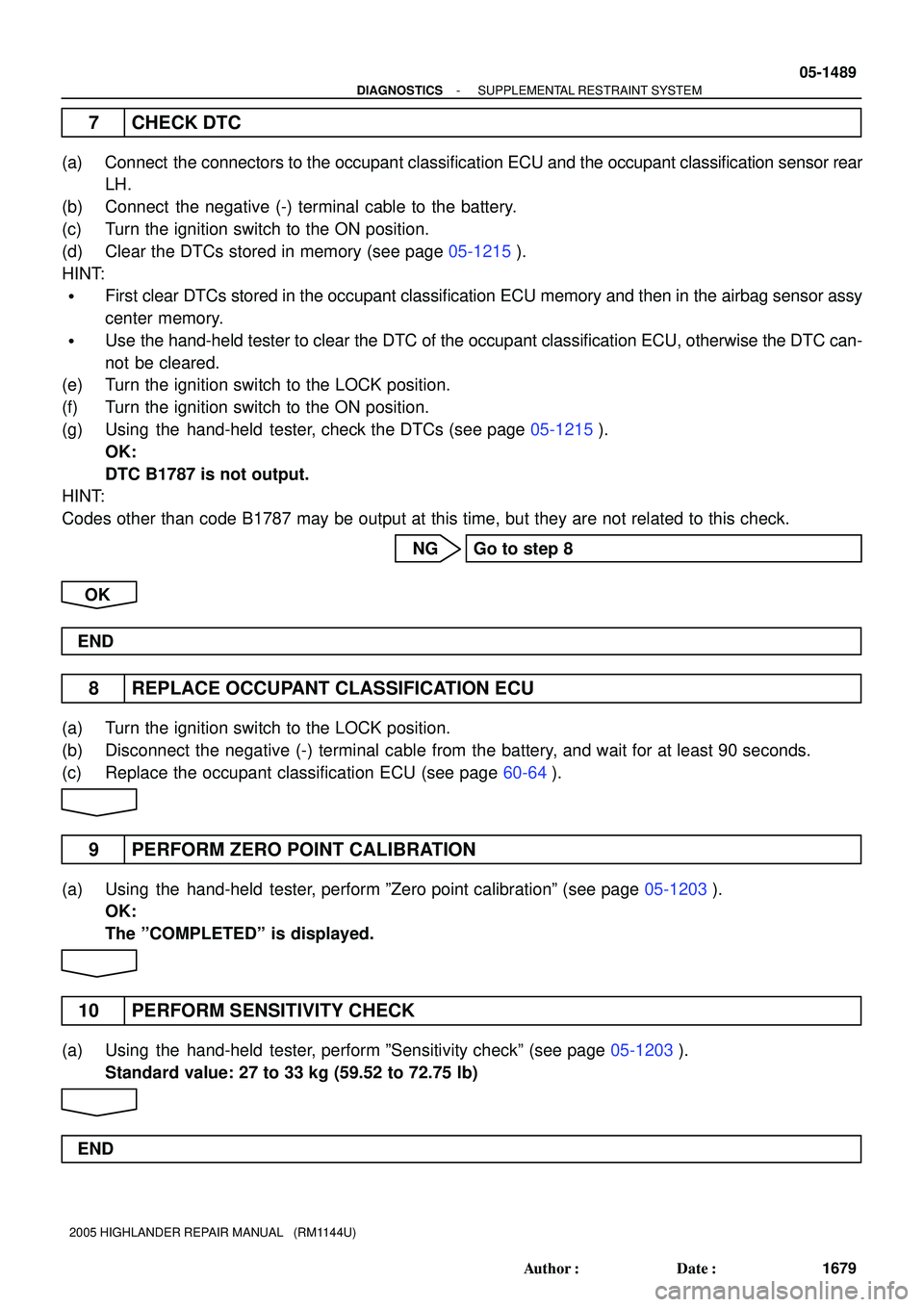 TOYOTA HIGHLANDER 2001 Service Repair Manual - DIAGNOSTICSSUPPLEMENTAL RESTRAINT SYSTEM
05-1489
1679 Author: Date:
2005 HIGHLANDER REPAIR MANUAL (RM1144U)
7 CHECK DTC
(a) Connect the connectors to the occupant classification ECU and the occ TOYOTA HIGHLANDER 2001 Service Repair Manual - DIAGNOSTICSSUPPLEMENTAL RESTRAINT SYSTEM
05-1489
1679 Author: Date:
2005 HIGHLANDER REPAIR MANUAL (RM1144U)
7 CHECK DTC
(a) Connect the connectors to the occupant classification ECU and the occ