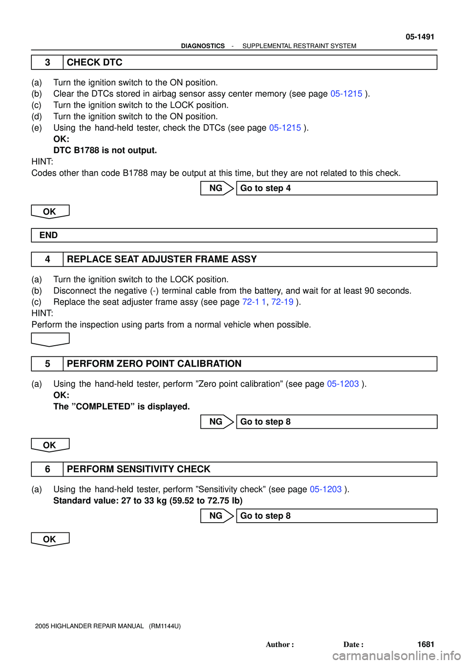 TOYOTA HIGHLANDER 2001 Service Repair Manual - DIAGNOSTICSSUPPLEMENTAL RESTRAINT SYSTEM
05-1491
1681 Author: Date:
2005 HIGHLANDER REPAIR MANUAL (RM1144U)
3 CHECK DTC
(a) Turn the ignition switch to the ON position.
(b) Clear the DTCs stored TOYOTA HIGHLANDER 2001 Service Repair Manual - DIAGNOSTICSSUPPLEMENTAL RESTRAINT SYSTEM
05-1491
1681 Author: Date:
2005 HIGHLANDER REPAIR MANUAL (RM1144U)
3 CHECK DTC
(a) Turn the ignition switch to the ON position.
(b) Clear the DTCs stored