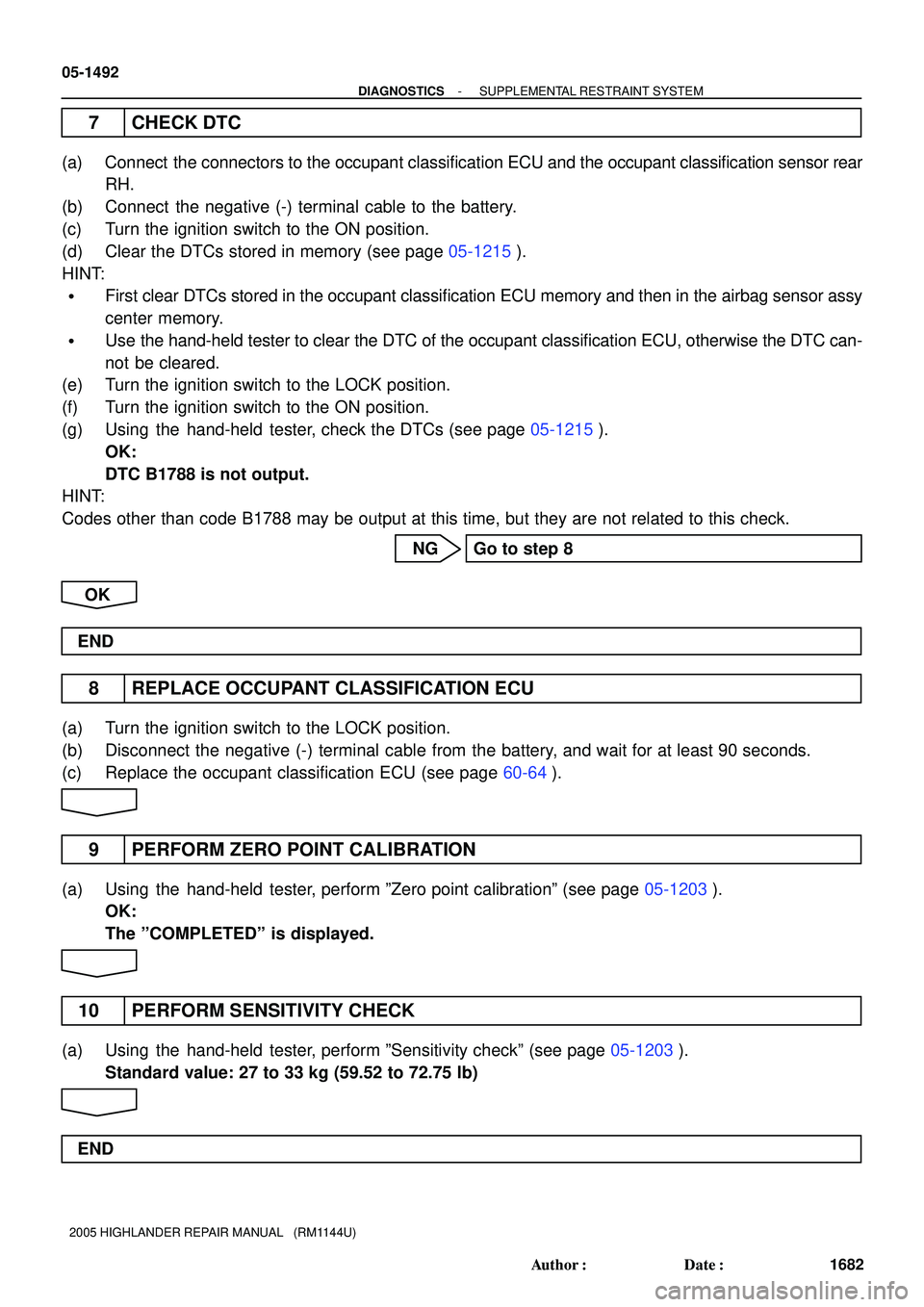 TOYOTA HIGHLANDER 2001 Service Repair Manual 05-1492
- DIAGNOSTICSSUPPLEMENTAL RESTRAINT SYSTEM
1682 Author: Date:
2005 HIGHLANDER REPAIR MANUAL (RM1144U)
7 CHECK DTC
(a) Connect the connectors to the occupant classification ECU and the occ TOYOTA HIGHLANDER 2001 Service Repair Manual 05-1492
- DIAGNOSTICSSUPPLEMENTAL RESTRAINT SYSTEM
1682 Author: Date:
2005 HIGHLANDER REPAIR MANUAL (RM1144U)
7 CHECK DTC
(a) Connect the connectors to the occupant classification ECU and the occ