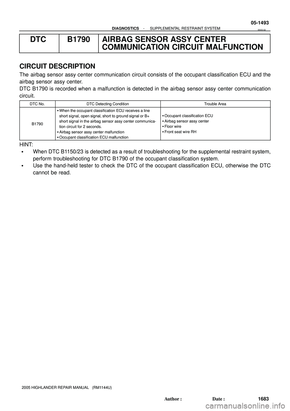 TOYOTA HIGHLANDER 2001 Service Repair Manual - DIAGNOSTICSSUPPLEMENTAL RESTRAINT SYSTEM
05-1493
1683 Author: Date:
2005 HIGHLANDER REPAIR MANUAL (RM1144U)
DTC B1790 AIRBAG SENSOR ASSY CENTER
COMMUNICATION CIRCUIT MALFUNCTION
CIRCUIT DESCRIPT TOYOTA HIGHLANDER 2001 Service Repair Manual - DIAGNOSTICSSUPPLEMENTAL RESTRAINT SYSTEM
05-1493
1683 Author: Date:
2005 HIGHLANDER REPAIR MANUAL (RM1144U)
DTC B1790 AIRBAG SENSOR ASSY CENTER
COMMUNICATION CIRCUIT MALFUNCTION
CIRCUIT DESCRIPT