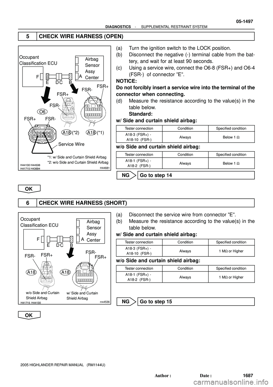 TOYOTA HIGHLANDER 2001 Service Repair Manual H41715H44130 H44536H43694H44681
Occupant
Classification ECUAirbag
Sensor
Assy
Center
FSR+ F
CBA
ED
FSR-
FSR-FSR+
Service Wire
O6
A18 A18
(*1) (*2) FSR-
FSR+
*1: w/ Side and Curtain Shield Airbag
*2 TOYOTA HIGHLANDER 2001 Service Repair Manual H41715H44130 H44536H43694H44681
Occupant
Classification ECUAirbag
Sensor
Assy
Center
FSR+ F
CBA
ED
FSR-
FSR-FSR+
Service Wire
O6
A18 A18
(*1) (*2) FSR-
FSR+
*1: w/ Side and Curtain Shield Airbag
*2