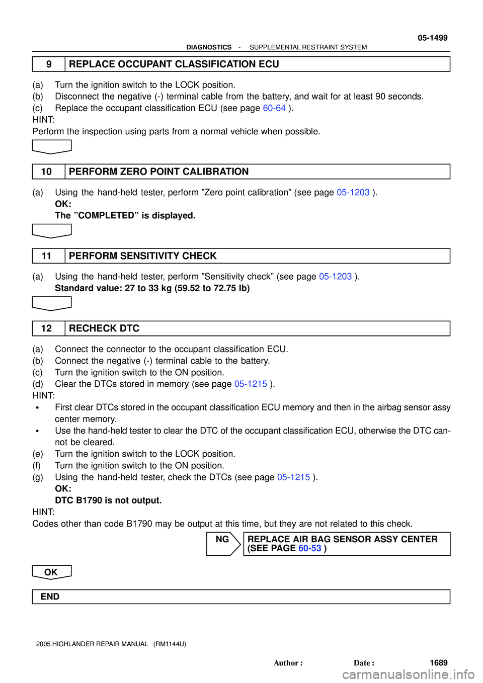TOYOTA HIGHLANDER 2001 Service Repair Manual - DIAGNOSTICSSUPPLEMENTAL RESTRAINT SYSTEM
05-1499
1689 Author: Date:
2005 HIGHLANDER REPAIR MANUAL (RM1144U)
9 REPLACE OCCUPANT CLASSIFICATION ECU
(a) Turn the ignition switch to the LOCK positio TOYOTA HIGHLANDER 2001 Service Repair Manual - DIAGNOSTICSSUPPLEMENTAL RESTRAINT SYSTEM
05-1499
1689 Author: Date:
2005 HIGHLANDER REPAIR MANUAL (RM1144U)
9 REPLACE OCCUPANT CLASSIFICATION ECU
(a) Turn the ignition switch to the LOCK positio