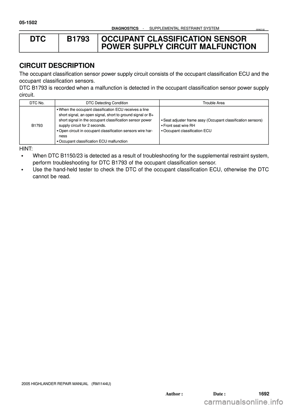 TOYOTA HIGHLANDER 2001 Service Repair Manual 05-1502
- DIAGNOSTICSSUPPLEMENTAL RESTRAINT SYSTEM
1692 Author: Date:
2005 HIGHLANDER REPAIR MANUAL (RM1144U)
DTC B1793 OCCUPANT CLASSIFICATION SENSOR
POWER SUPPLY CIRCUIT MALFUNCTION
CIRCUIT DESC TOYOTA HIGHLANDER 2001 Service Repair Manual 05-1502
- DIAGNOSTICSSUPPLEMENTAL RESTRAINT SYSTEM
1692 Author: Date:
2005 HIGHLANDER REPAIR MANUAL (RM1144U)
DTC B1793 OCCUPANT CLASSIFICATION SENSOR
POWER SUPPLY CIRCUIT MALFUNCTION
CIRCUIT DESC