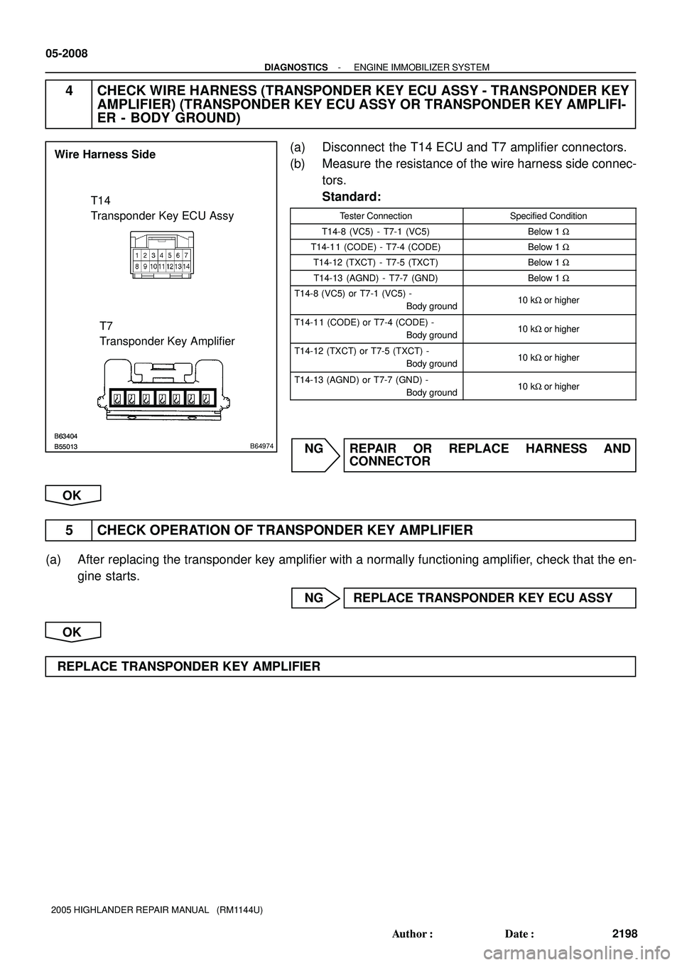 TOYOTA HIGHLANDER 2001 Service Repair Manual B55013B63404B55013B63404B64974
T7
Transponder Key Amplifier Wire Harness Side
T14
Transponder Key ECU Assy
05-2008
- DIAGNOSTICSENGINE IMMOBILIZER SYSTEM
2198 Author: Date:
2005 HIGHLANDER REPAIR MA TOYOTA HIGHLANDER 2001 Service Repair Manual B55013B63404B55013B63404B64974
T7
Transponder Key Amplifier Wire Harness Side
T14
Transponder Key ECU Assy
05-2008
- DIAGNOSTICSENGINE IMMOBILIZER SYSTEM
2198 Author: Date:
2005 HIGHLANDER REPAIR MA