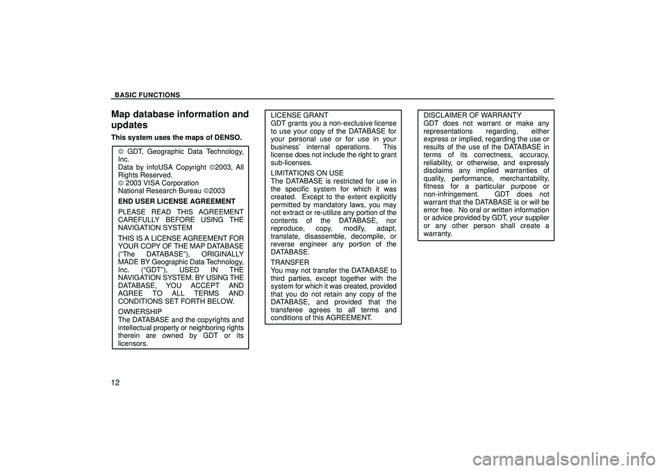 TOYOTA HIGHLANDER 2001 Service Repair Manual BASIC FUNCTIONS
12
Map database information and
updates
This system uses the maps of DENSO.
W GDT, Geographic Data Technology,
Inc.
Data by infoUSA Copyright W2003, All
Rights Reserved.
W 2003 VISA Co TOYOTA HIGHLANDER 2001 Service Repair Manual BASIC FUNCTIONS
12
Map database information and
updates
This system uses the maps of DENSO.
W GDT, Geographic Data Technology,
Inc.
Data by infoUSA Copyright W2003, All
Rights Reserved.
W 2003 VISA Co