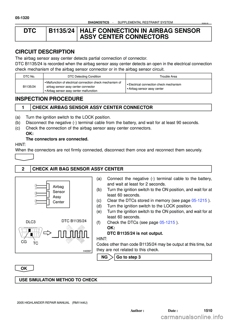 TOYOTA HIGHLANDER 2001  Service Repair Manual H40997
DLC3DTC B1135/24
CG
TCAirbag 
Sensor 
Assy 
Center
05-1320
- DIAGNOSTICSSUPPLEMENTAL RESTRAINT SYSTEM
1510 Author: Date:
2005 HIGHLANDER REPAIR MANUAL   (RM1144U)
DTC B1135/24 HALF CONNECTION
