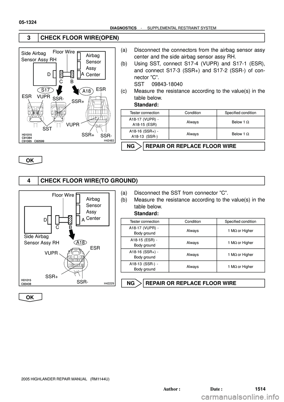 TOYOTA HIGHLANDER 2001 Service Repair Manual H01015
C91384
C91385 C82599H01015
C91384
C91385 C82599
H42483
Airbag
Sensor
Assy
Center
ESR
VUPR
SSR+
SSR- Side Airbag
Sensor Assy RHFloor Wire
SST
D
CBA
ESR
VUPRSSR+ SSR- S17
A18
H01015C83438H01015C8 TOYOTA HIGHLANDER 2001 Service Repair Manual H01015
C91384
C91385 C82599H01015
C91384
C91385 C82599
H42483
Airbag
Sensor
Assy
Center
ESR
VUPR
SSR+
SSR- Side Airbag
Sensor Assy RHFloor Wire
SST
D
CBA
ESR
VUPRSSR+ SSR- S17
A18
H01015C83438H01015C8