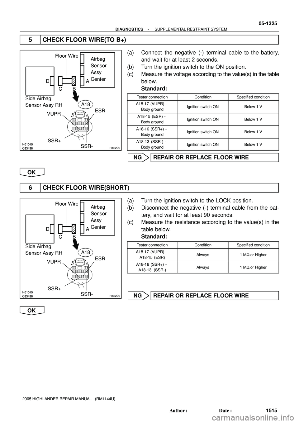 TOYOTA HIGHLANDER 2001 Service Repair Manual H01015C83438H01015C83438H42229
Side Airbag
Sensor Assy RHAirbag
Sensor
Assy
Center
ESR
VUPR
SSR+
Floor Wire
D
CBA
SSR-
A18
H01015C83438H01015C83438H42229
Side Airbag
Sensor Assy RHAirbag
Sensor
Assy
C TOYOTA HIGHLANDER 2001 Service Repair Manual H01015C83438H01015C83438H42229
Side Airbag
Sensor Assy RHAirbag
Sensor
Assy
Center
ESR
VUPR
SSR+
Floor Wire
D
CBA
SSR-
A18
H01015C83438H01015C83438H42229
Side Airbag
Sensor Assy RHAirbag
Sensor
Assy
C