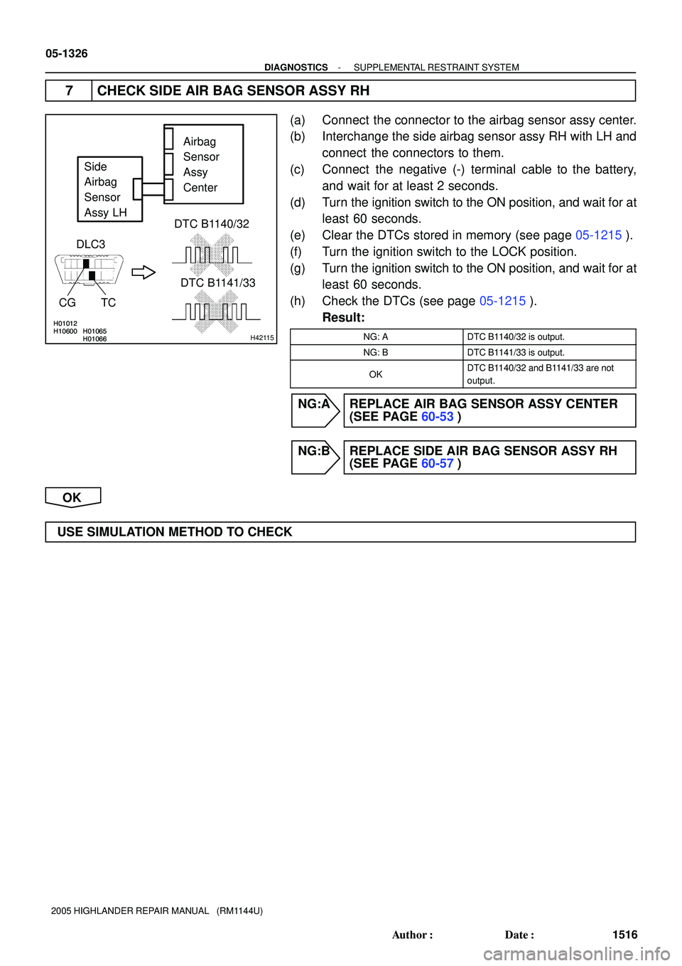 TOYOTA HIGHLANDER 2001 Service Repair Manual H10600 H01065H01012
H01066H10600 H01065H01012
H01066H42115
Airbag
Sensor
Assy
Center
DLC3
CG TCDTC B1140/32
DTC B1141/33
Side
Airbag
Sensor
Assy LH
05-1326
- DIAGNOSTICSSUPPLEMENTAL RESTRAINT SYST TOYOTA HIGHLANDER 2001 Service Repair Manual H10600 H01065H01012
H01066H10600 H01065H01012
H01066H42115
Airbag
Sensor
Assy
Center
DLC3
CG TCDTC B1140/32
DTC B1141/33
Side
Airbag
Sensor
Assy LH
05-1326
- DIAGNOSTICSSUPPLEMENTAL RESTRAINT SYST