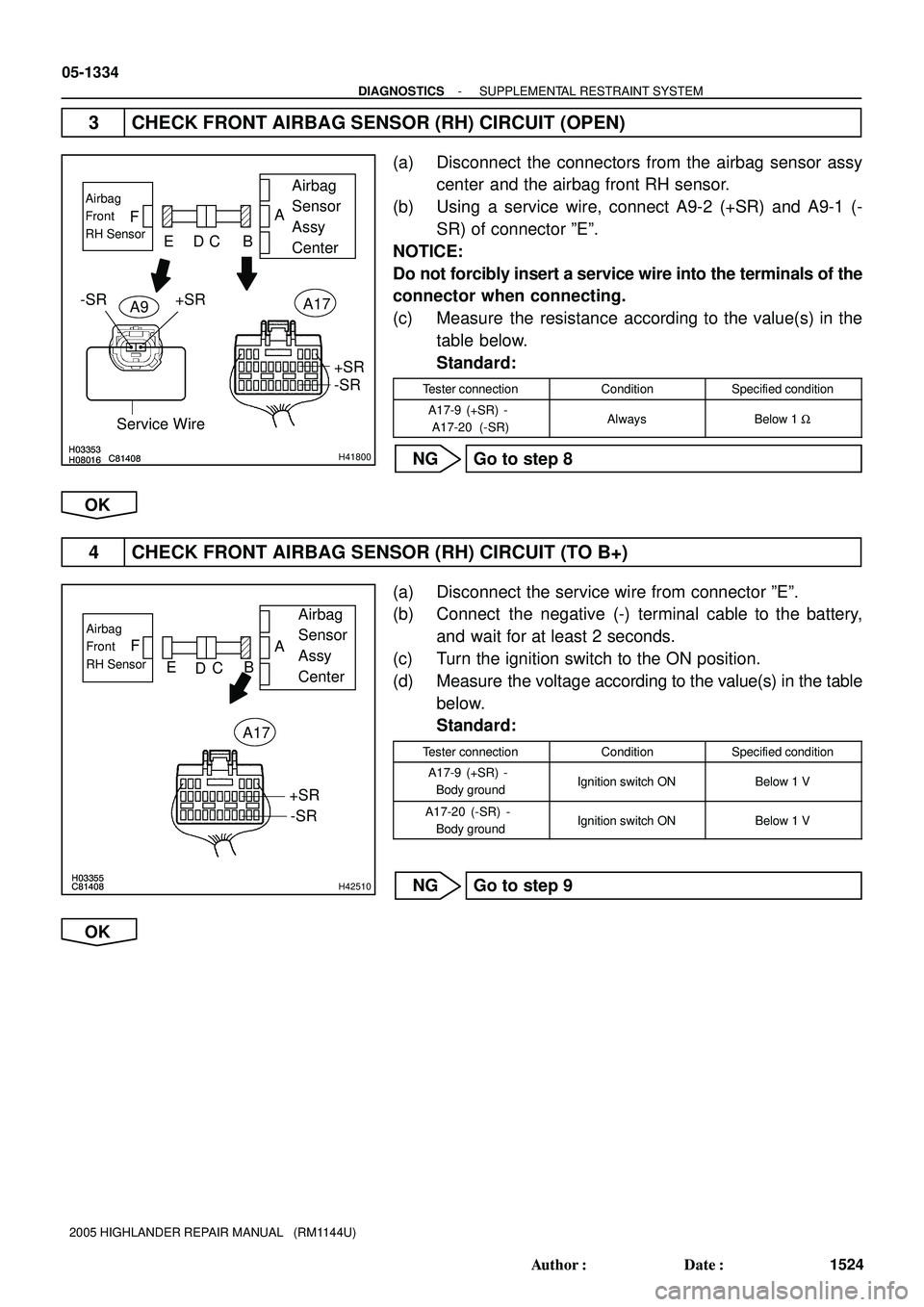 TOYOTA HIGHLANDER 2001 Service Repair Manual H03353C81408H08016H03353C81408H08016H41800
Airbag
Sensor
Assy
CenterAirbag
Front
RH Sensor
Service Wire
DC BA
E F
+SR
-SR
+SR -SRA9A17
H03355C81408H03355C81408H42510
Airbag
Sensor
Assy
CenterAir TOYOTA HIGHLANDER 2001 Service Repair Manual H03353C81408H08016H03353C81408H08016H41800
Airbag
Sensor
Assy
CenterAirbag
Front
RH Sensor
Service Wire
DC BA
E F
+SR
-SR
+SR -SRA9A17
H03355C81408H03355C81408H42510
Airbag
Sensor
Assy
CenterAir