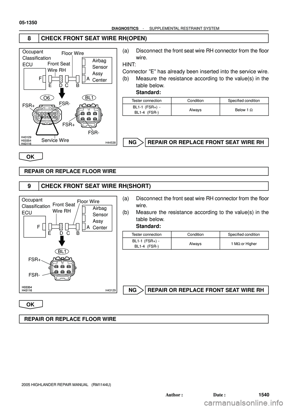 TOYOTA HIGHLANDER 2001 Service Repair Manual H03354H43116 H43129H44538
Occupant
Classification
ECUFront Seat
Wire RHFloor Wire
Airbag
Sensor
Assy
Center A
B C D E F
FSR-
FSR+
FSR+
FSR-
O6BL1
Service Wire
H03354H43116H03354H43116H43129
Occupant
C TOYOTA HIGHLANDER 2001 Service Repair Manual H03354H43116 H43129H44538
Occupant
Classification
ECUFront Seat
Wire RHFloor Wire
Airbag
Sensor
Assy
Center A
B C D E F
FSR-
FSR+
FSR+
FSR-
O6BL1
Service Wire
H03354H43116H03354H43116H43129
Occupant
C