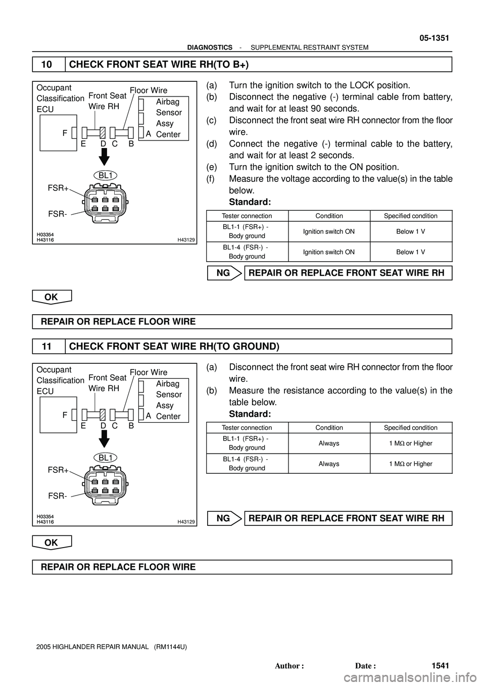 TOYOTA HIGHLANDER 2001 Service Repair Manual H03354H43116H03354H43116H43129
Occupant
Classification
ECUFront Seat
Wire RHFloor Wire
Airbag
Sensor
Assy
Center A
B C D E F
FSR-
FSR+
BL1
H03354H43116H03354H43116H43129
Occupant
Classification
ECUFro TOYOTA HIGHLANDER 2001 Service Repair Manual H03354H43116H03354H43116H43129
Occupant
Classification
ECUFront Seat
Wire RHFloor Wire
Airbag
Sensor
Assy
Center A
B C D E F
FSR-
FSR+
BL1
H03354H43116H03354H43116H43129
Occupant
Classification
ECUFro
