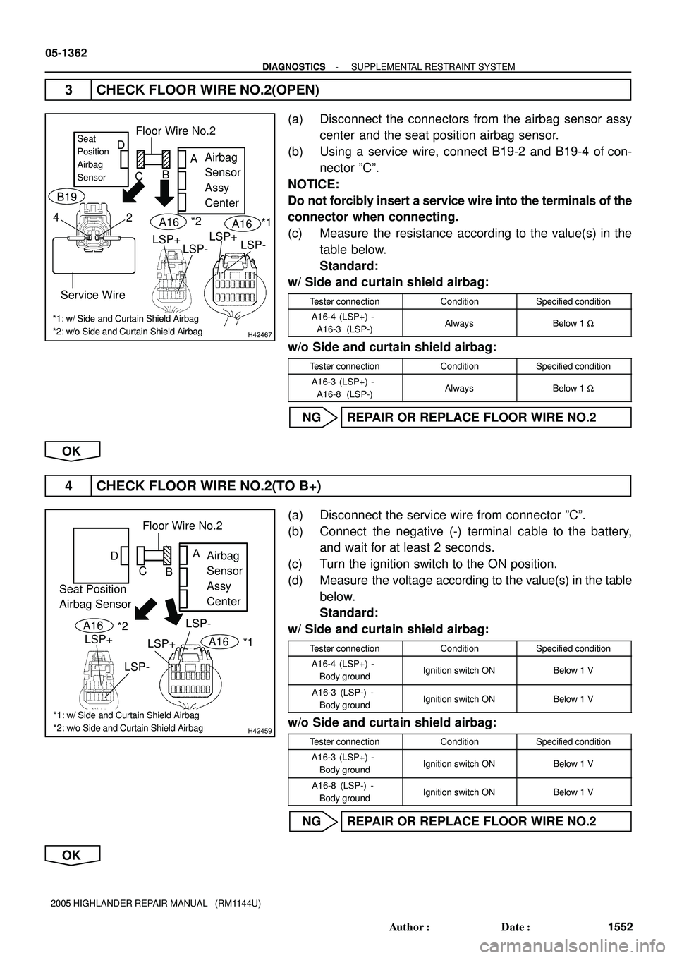TOYOTA HIGHLANDER 2001 Service Repair Manual H42467
LSP+ Airbag
Sensor
Assy
Center
Seat
Position
Airbag
Sensor
A
B
C DFloor Wire No.2
2
LSP- 4
Service Wire
B19
LSP+
LSP-
*1: w/ Side and Curtain Shield Airbag
*2: w/o Side and Curtain Shield TOYOTA HIGHLANDER 2001 Service Repair Manual H42467
LSP+ Airbag
Sensor
Assy
Center
Seat
Position
Airbag
Sensor
A
B
C DFloor Wire No.2
2
LSP- 4
Service Wire
B19
LSP+
LSP-
*1: w/ Side and Curtain Shield Airbag
*2: w/o Side and Curtain Shield