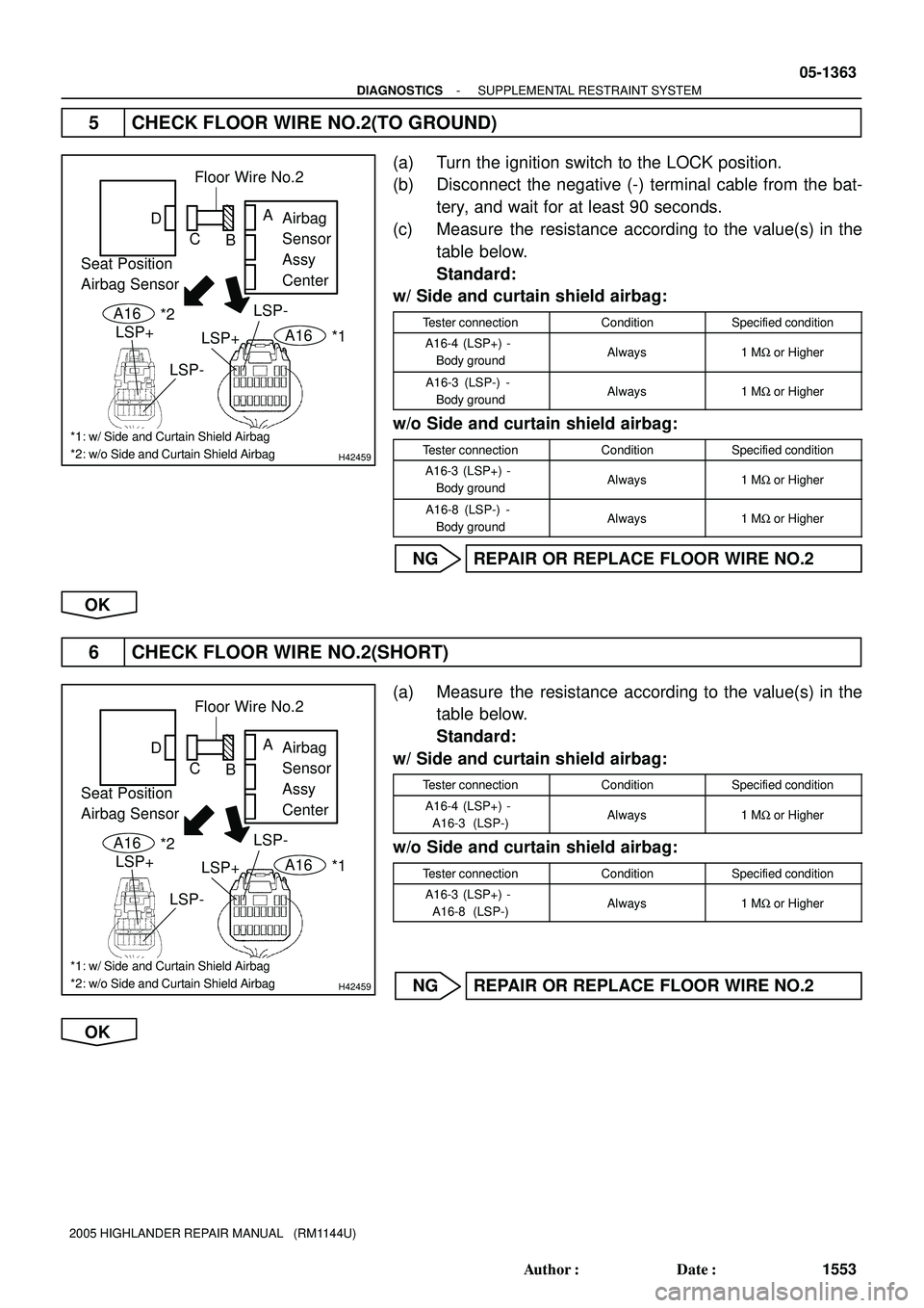 TOYOTA HIGHLANDER 2001 Service Repair Manual H42459
Airbag
Sensor
Assy
Center
LSP+LSP- Floor Wire No.2
Seat Position
Airbag SensorA
B C D
A16
LSP+
LSP- *2A16*1
*1: w/ Side and Curtain Shield Airbag
*2: w/o Side and Curtain Shield Airbag
H424 TOYOTA HIGHLANDER 2001 Service Repair Manual H42459
Airbag
Sensor
Assy
Center
LSP+LSP- Floor Wire No.2
Seat Position
Airbag SensorA
B C D
A16
LSP+
LSP- *2A16*1
*1: w/ Side and Curtain Shield Airbag
*2: w/o Side and Curtain Shield Airbag
H424