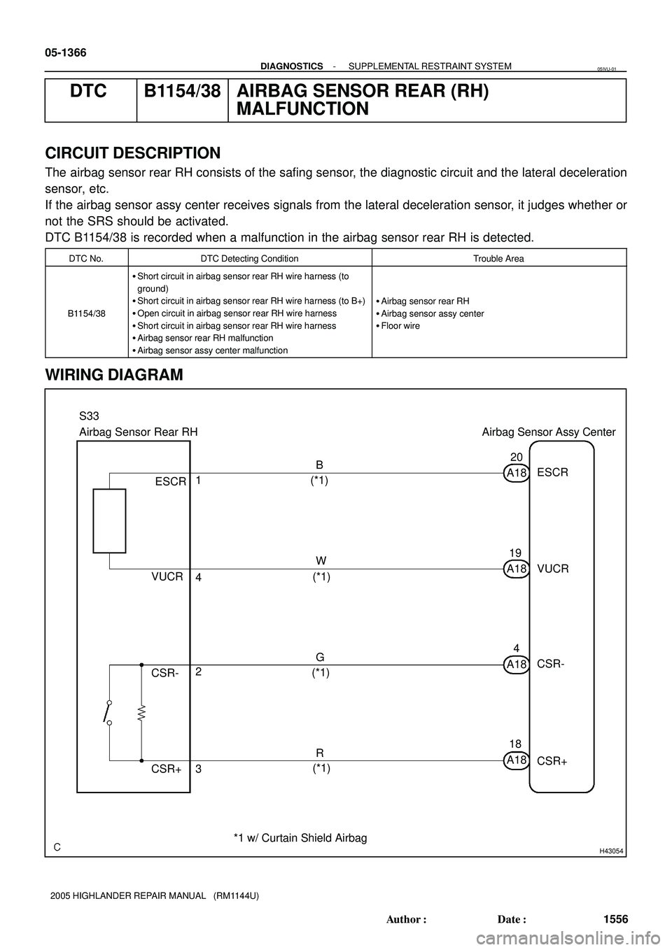 TOYOTA HIGHLANDER 2001 Service Repair Manual H43054
Airbag Sensor Rear RH Airbag Sensor Assy Center
R G W B
ESCR
CSR-
CSR+ VUCR
4
3 2 1
A184
18 1920
ESCR
CSR-
CSR+ VUCR
A18 A18 A18 S33
(*1)
(*1)
(*1)
(*1)
*1 w/ Curtain Shield Airbag 05-1366
- DI TOYOTA HIGHLANDER 2001 Service Repair Manual H43054
Airbag Sensor Rear RH Airbag Sensor Assy Center
R G W B
ESCR
CSR-
CSR+ VUCR
4
3 2 1
A184
18 1920
ESCR
CSR-
CSR+ VUCR
A18 A18 A18 S33
(*1)
(*1)
(*1)
(*1)
*1 w/ Curtain Shield Airbag 05-1366
- DI