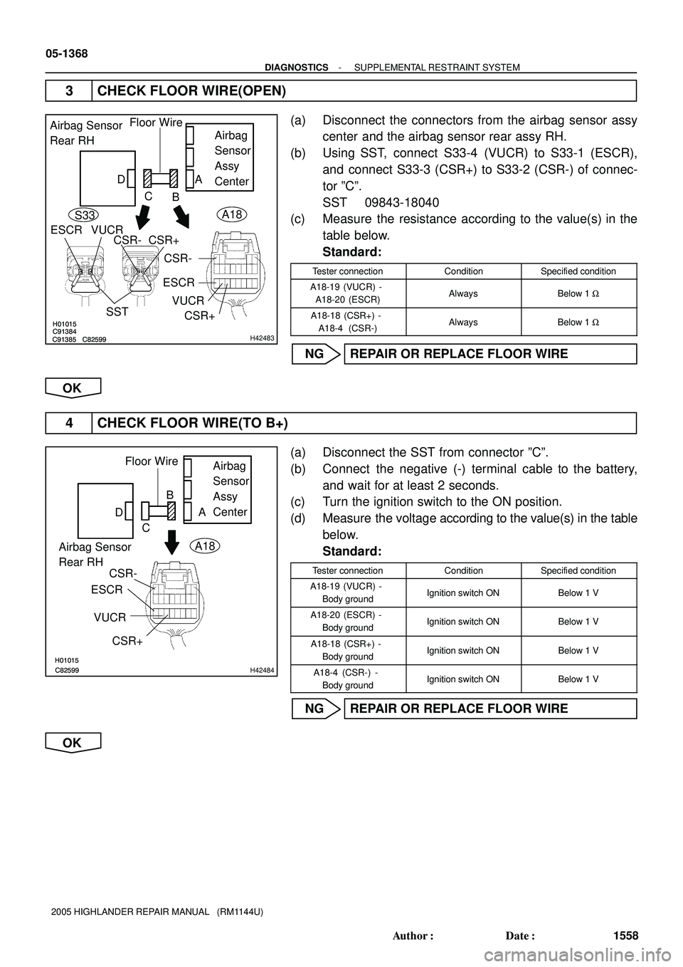 TOYOTA HIGHLANDER 2001 Service Repair Manual H01015
C91384
C91385 C82599H01015
C91384
C91385 C82599
H42483
Airbag Sensor
Rear RHAirbag
Sensor
Assy
Center Floor Wire
CSR-
ESCR
VUCR
CSR+
SST
A
B C D
ESCR VUCR
CSR- CSR+
A18
S33
H01015
C82599H01 TOYOTA HIGHLANDER 2001 Service Repair Manual H01015
C91384
C91385 C82599H01015
C91384
C91385 C82599
H42483
Airbag Sensor
Rear RHAirbag
Sensor
Assy
Center Floor Wire
CSR-
ESCR
VUCR
CSR+
SST
A
B C D
ESCR VUCR
CSR- CSR+
A18
S33
H01015
C82599H01