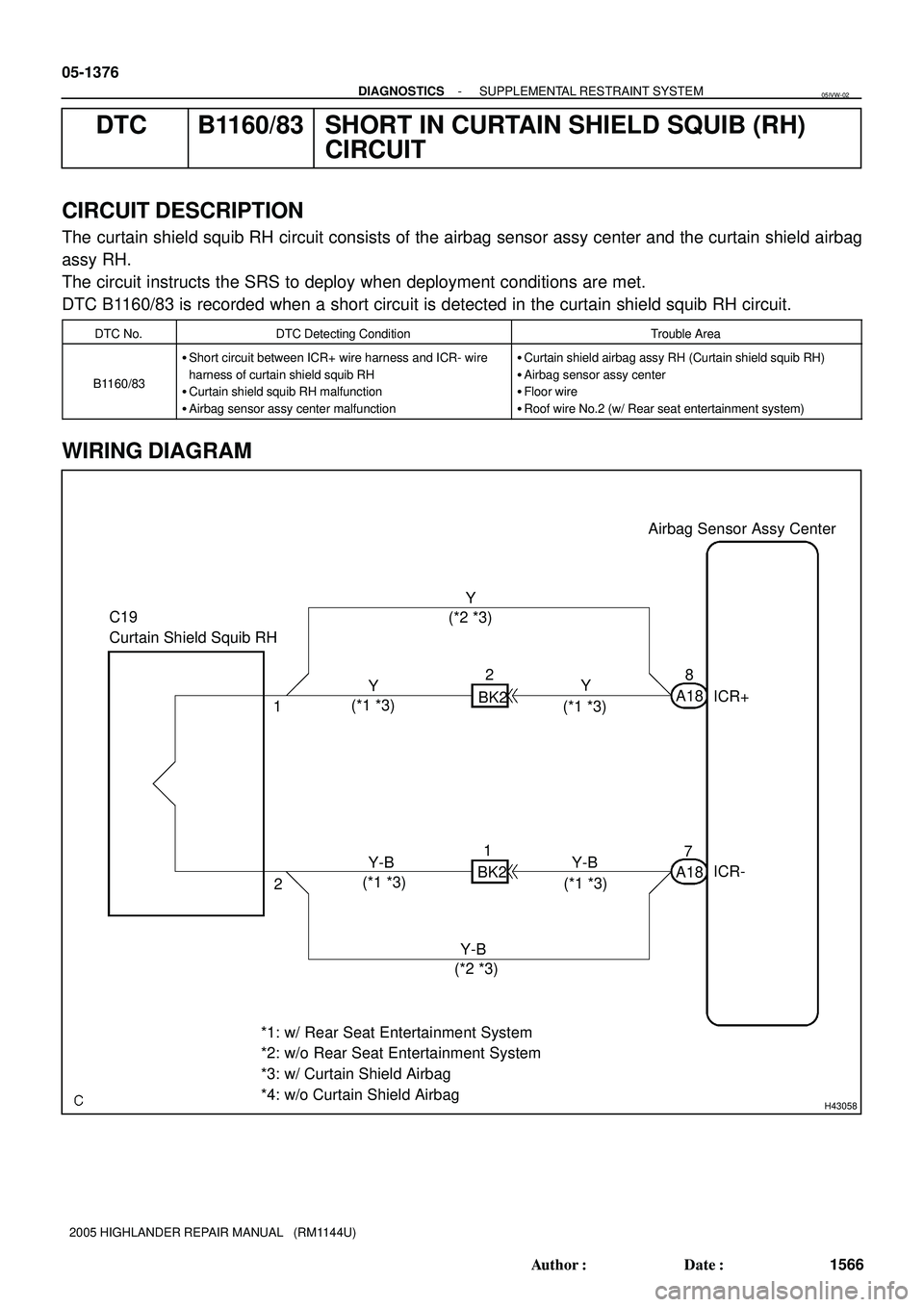 TOYOTA HIGHLANDER 2001 Service Repair Manual H43058
Airbag Sensor Assy Center
C19
Curtain Shield Squib RH
8
A18
ICR+
7
A18ICR- 1
22
Y
(*1 *3)Y
1
BK2 Y-B Y-B(*1 *3)
(*1 *3) (*1 *3)BK2
*1: w/ Rear Seat Entertainment System
*2: w/o Rear Seat Enter TOYOTA HIGHLANDER 2001 Service Repair Manual H43058
Airbag Sensor Assy Center
C19
Curtain Shield Squib RH
8
A18
ICR+
7
A18ICR- 1
22
Y
(*1 *3)Y
1
BK2 Y-B Y-B(*1 *3)
(*1 *3) (*1 *3)BK2
*1: w/ Rear Seat Entertainment System
*2: w/o Rear Seat Enter