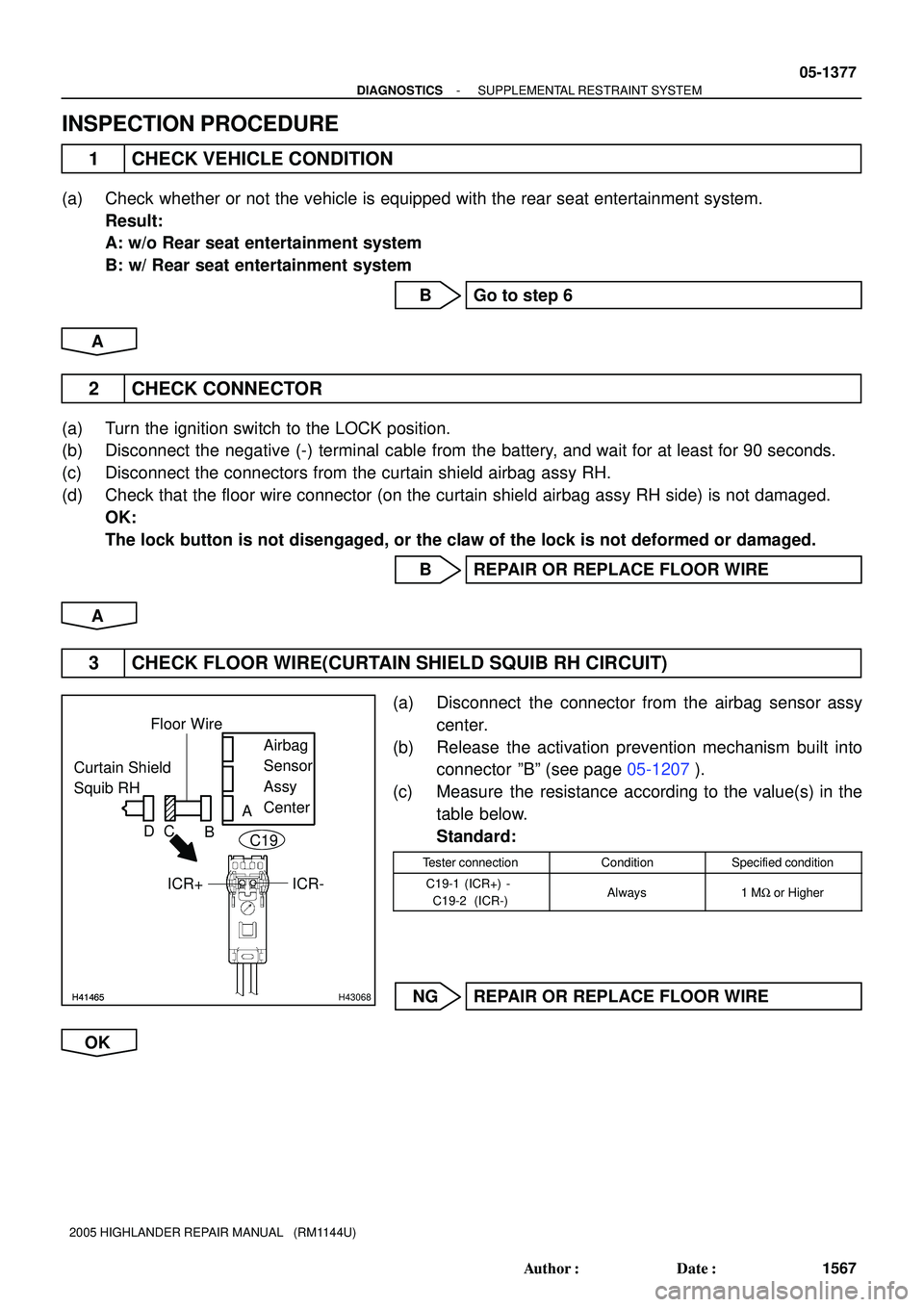 TOYOTA HIGHLANDER 2001 Service Repair Manual H41465H41465H43068
Curtain Shield
Squib RHAirbag
Sensor
Assy
Center Floor Wire
A
B C D
ICR+ ICR-C19
- DIAGNOSTICSSUPPLEMENTAL RESTRAINT SYSTEM
05-1377
1567 Author: Date:
2005 HIGHLANDER REPAIR MA TOYOTA HIGHLANDER 2001 Service Repair Manual H41465H41465H43068
Curtain Shield
Squib RHAirbag
Sensor
Assy
Center Floor Wire
A
B C D
ICR+ ICR-C19
- DIAGNOSTICSSUPPLEMENTAL RESTRAINT SYSTEM
05-1377
1567 Author: Date:
2005 HIGHLANDER REPAIR MA