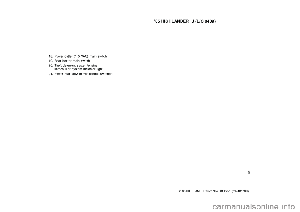 TOYOTA HIGHLANDER 2001  Service Repair Manual 05 HIGHLANDER_U (L/O 0409)
5
2005 HIGHLANDER from Nov. 04 Prod. (OM48570U)
18. Power outlet (115 VAC) main switch
19. Rear heater main switch
20. Theft deterrent system/engine
immobilizer system ind