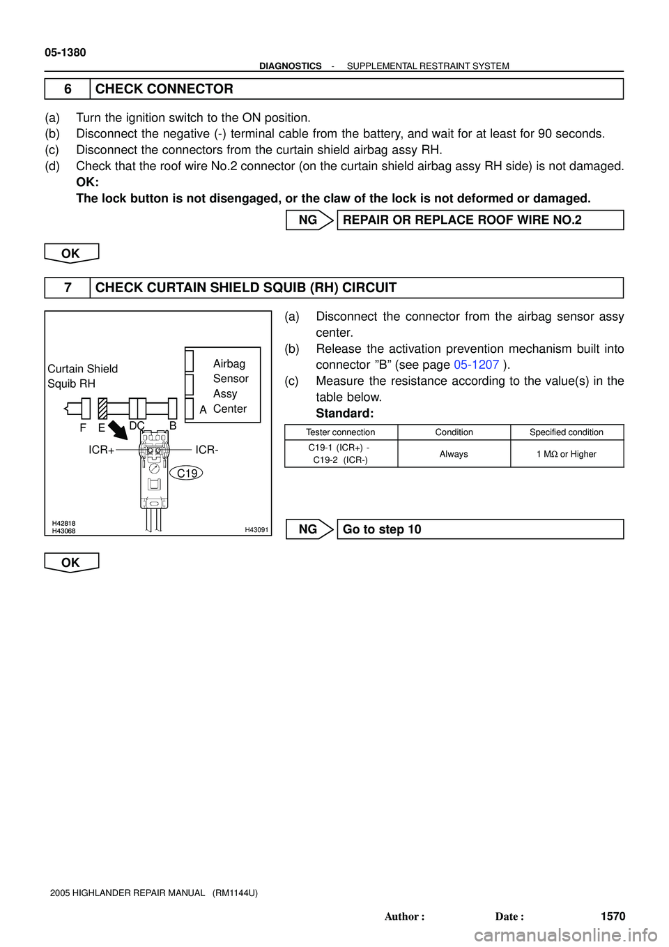 TOYOTA HIGHLANDER 2001 Service Repair Manual H42818H43068H42818H43068H43091
Curtain Shield
Squib RHAirbag
Sensor
Assy
Center
A
B
FE
ICR+
ICR- DC
C19
05-1380
- DIAGNOSTICSSUPPLEMENTAL RESTRAINT SYSTEM
1570 Author: Date:
2005 HIGHLANDER REPAI TOYOTA HIGHLANDER 2001 Service Repair Manual H42818H43068H42818H43068H43091
Curtain Shield
Squib RHAirbag
Sensor
Assy
Center
A
B
FE
ICR+
ICR- DC
C19
05-1380
- DIAGNOSTICSSUPPLEMENTAL RESTRAINT SYSTEM
1570 Author: Date:
2005 HIGHLANDER REPAI