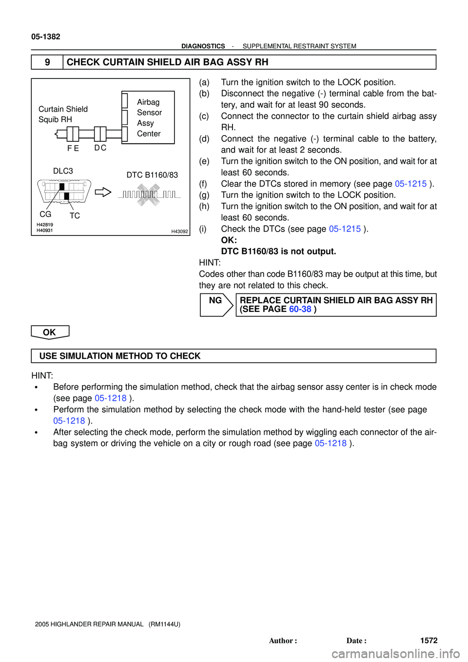 TOYOTA HIGHLANDER 2001 Service Repair Manual H40931H42819H40931H42819H43092
Airbag
Sensor
Assy
Center
DLC3
TC CG
DTC B1160/83 Curtain Shield
Squib RH
DC
FE
05-1382
- DIAGNOSTICSSUPPLEMENTAL RESTRAINT SYSTEM
1572 Author: Date:
2005 HIGHLANDE TOYOTA HIGHLANDER 2001 Service Repair Manual H40931H42819H40931H42819H43092
Airbag
Sensor
Assy
Center
DLC3
TC CG
DTC B1160/83 Curtain Shield
Squib RH
DC
FE
05-1382
- DIAGNOSTICSSUPPLEMENTAL RESTRAINT SYSTEM
1572 Author: Date:
2005 HIGHLANDE
