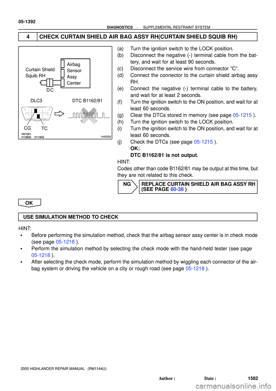 TOYOTA HIGHLANDER 2001  Service Repair Manual H01021
H10600 H11642H01021
H10600 H11642H40938
Airbag
Sensor
Assy
Center Curtain Shield 
Squib RH
DLC3
TC CG
DTC B1162/81 C D
05-1392
- DIAGNOSTICSSUPPLEMENTAL RESTRAINT SYSTEM
1582 Author: Date:
20
