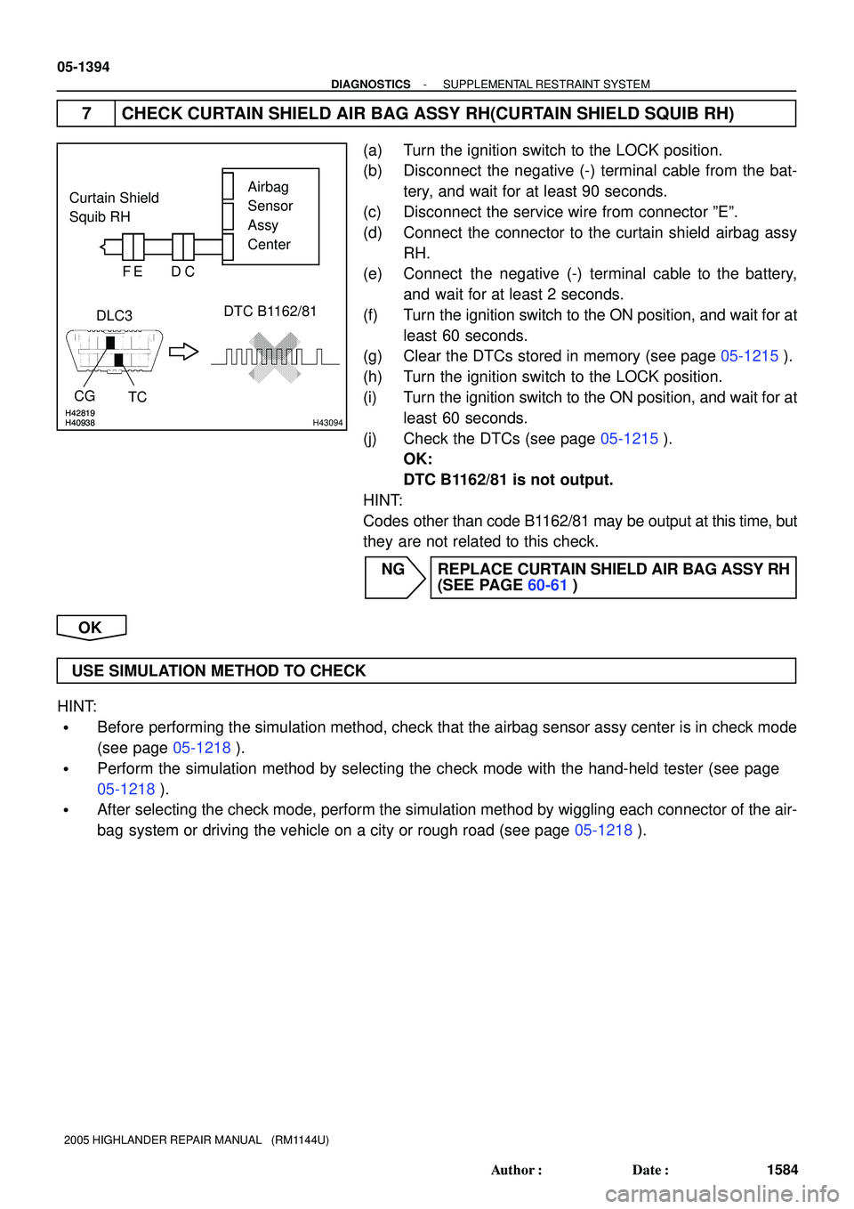 TOYOTA HIGHLANDER 2001  Service Repair Manual H40938H42819H40938H42819H43094
DLC3
TC CGDTC B1162/81 Curtain Shield 
Squib RHAirbag
Sensor
Assy 
Center
DC FE
05-1394
- DIAGNOSTICSSUPPLEMENTAL RESTRAINT SYSTEM
1584 Author: Date:
2005 HIGHLANDER R