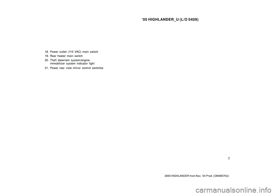 TOYOTA HIGHLANDER 2001  Service Repair Manual 05 HIGHLANDER_U (L/O 0409)
7
2005 HIGHLANDER from Nov. 04 Prod. (OM48570U)
18. Power outlet (115 VAC) main switch
19. Rear heater main switch
20. Theft deterrent system/engine
immobilizer system ind