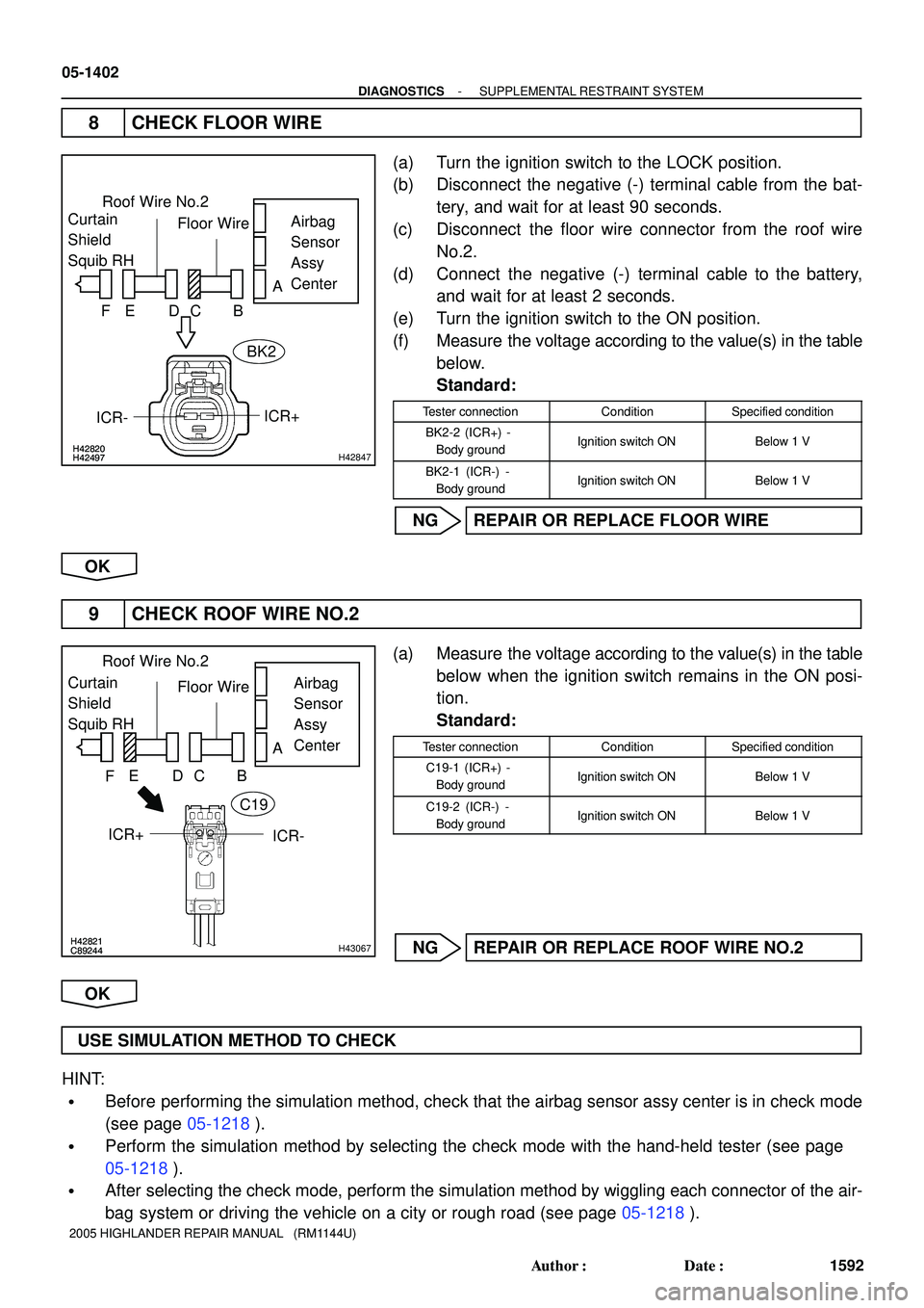 TOYOTA HIGHLANDER 2001 Service Repair Manual H42820H42497H42820H42497H42847
Roof Wire No.2
Airbag
Sensor
Assy
Center Floor Wire
A
B DC E F
ICR+
Curtain
Shield
Squib RH
ICR-
BK2
H42821C89244H42821C89244H43067
Roof Wire No.2
Airbag
Sensor
Assy TOYOTA HIGHLANDER 2001 Service Repair Manual H42820H42497H42820H42497H42847
Roof Wire No.2
Airbag
Sensor
Assy
Center Floor Wire
A
B DC E F
ICR+
Curtain
Shield
Squib RH
ICR-
BK2
H42821C89244H42821C89244H43067
Roof Wire No.2
Airbag
Sensor
Assy