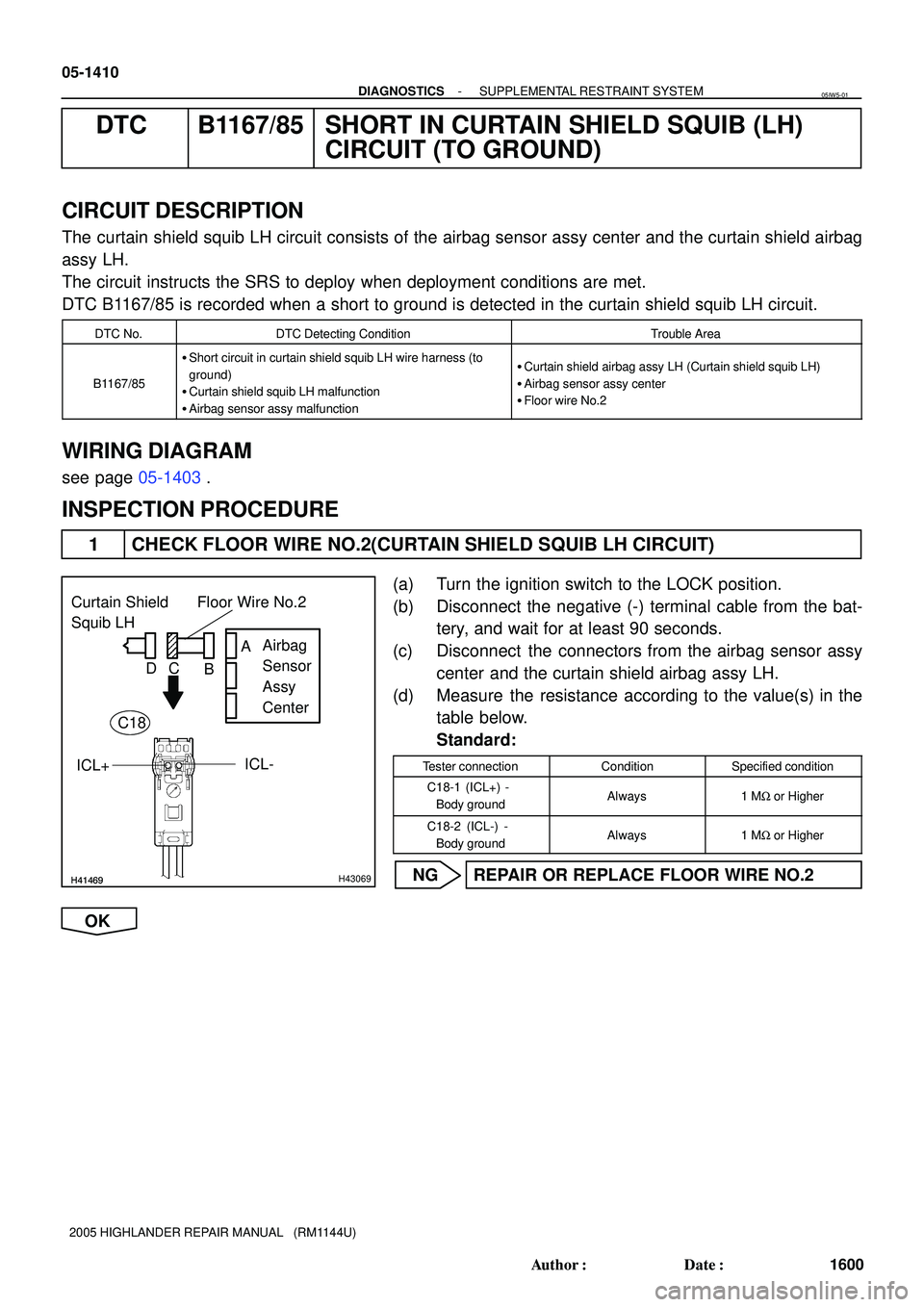 TOYOTA HIGHLANDER 2001 Service Repair Manual H41469H41469H43069
Curtain Shield
Squib LH
Airbag
Sensor
Assy
Center Floor Wire No.2
A
B C D
ICL+
ICL-
C18
05-1410
- DIAGNOSTICSSUPPLEMENTAL RESTRAINT SYSTEM
1600 Author: Date:
2005 HIGHLANDER R TOYOTA HIGHLANDER 2001 Service Repair Manual H41469H41469H43069
Curtain Shield
Squib LH
Airbag
Sensor
Assy
Center Floor Wire No.2
A
B C D
ICL+
ICL-
C18
05-1410
- DIAGNOSTICSSUPPLEMENTAL RESTRAINT SYSTEM
1600 Author: Date:
2005 HIGHLANDER R