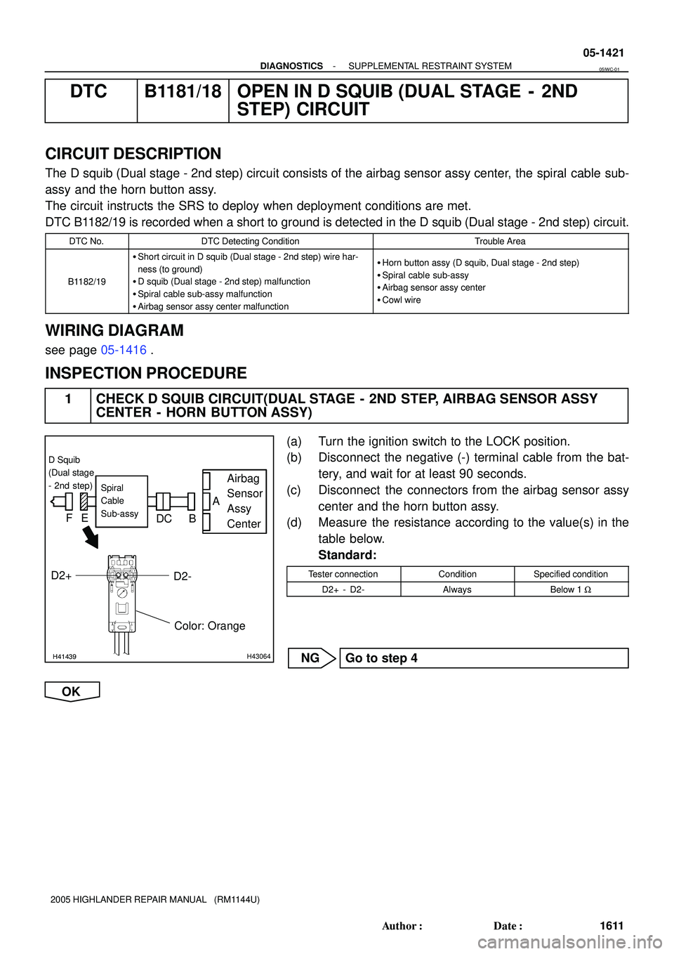TOYOTA HIGHLANDER 2001 Service Repair Manual H41439H43064
Airbag
Sensor
Assy
CenterSpiral
Cable
Sub-assy
Color: Orange
A
FE
DC B
D2+
D Squib
(Dual stage
- 2nd step)
D2-
- DIAGNOSTICSSUPPLEMENTAL RESTRAINT SYSTEM
05-1421
1611 Author: Date:
20 TOYOTA HIGHLANDER 2001 Service Repair Manual H41439H43064
Airbag
Sensor
Assy
CenterSpiral
Cable
Sub-assy
Color: Orange
A
FE
DC B
D2+
D Squib
(Dual stage
- 2nd step)
D2-
- DIAGNOSTICSSUPPLEMENTAL RESTRAINT SYSTEM
05-1421
1611 Author: Date:
20