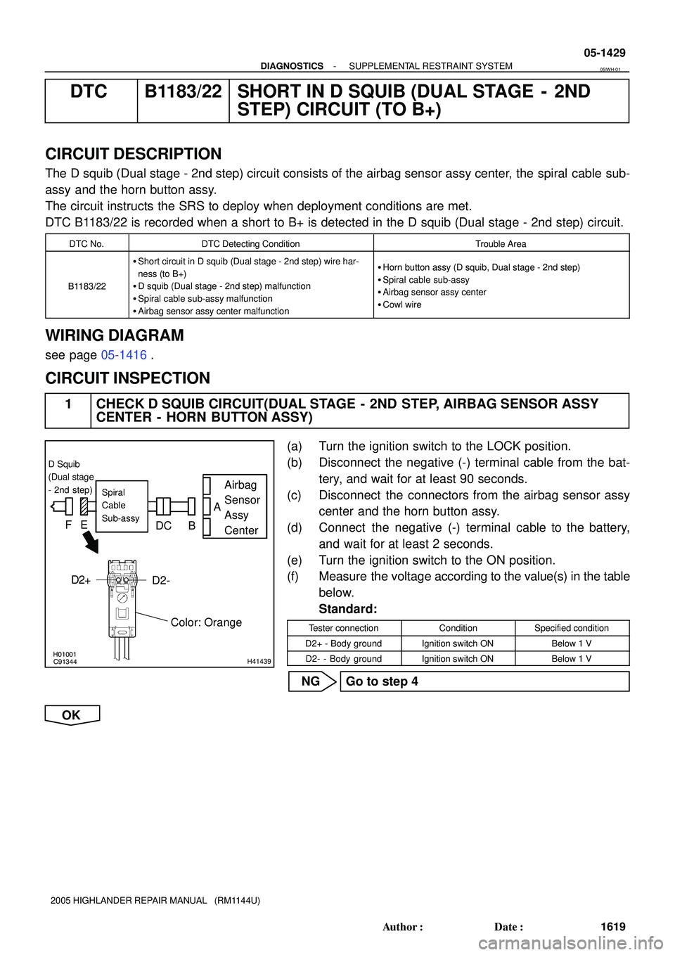 TOYOTA HIGHLANDER 2001 Service Repair Manual H01001
C91344H41439
Airbag
Sensor
Assy
CenterSpiral
Cable
Sub-assy
Color: Orange
D Squib
(Dual stage
- 2nd step)
FE
DC BA
D2+D2-
- DIAGNOSTICSSUPPLEMENTAL RESTRAINT SYSTEM
05-1429
1619 Author: Dat TOYOTA HIGHLANDER 2001 Service Repair Manual H01001
C91344H41439
Airbag
Sensor
Assy
CenterSpiral
Cable
Sub-assy
Color: Orange
D Squib
(Dual stage
- 2nd step)
FE
DC BA
D2+D2-
- DIAGNOSTICSSUPPLEMENTAL RESTRAINT SYSTEM
05-1429
1619 Author: Dat